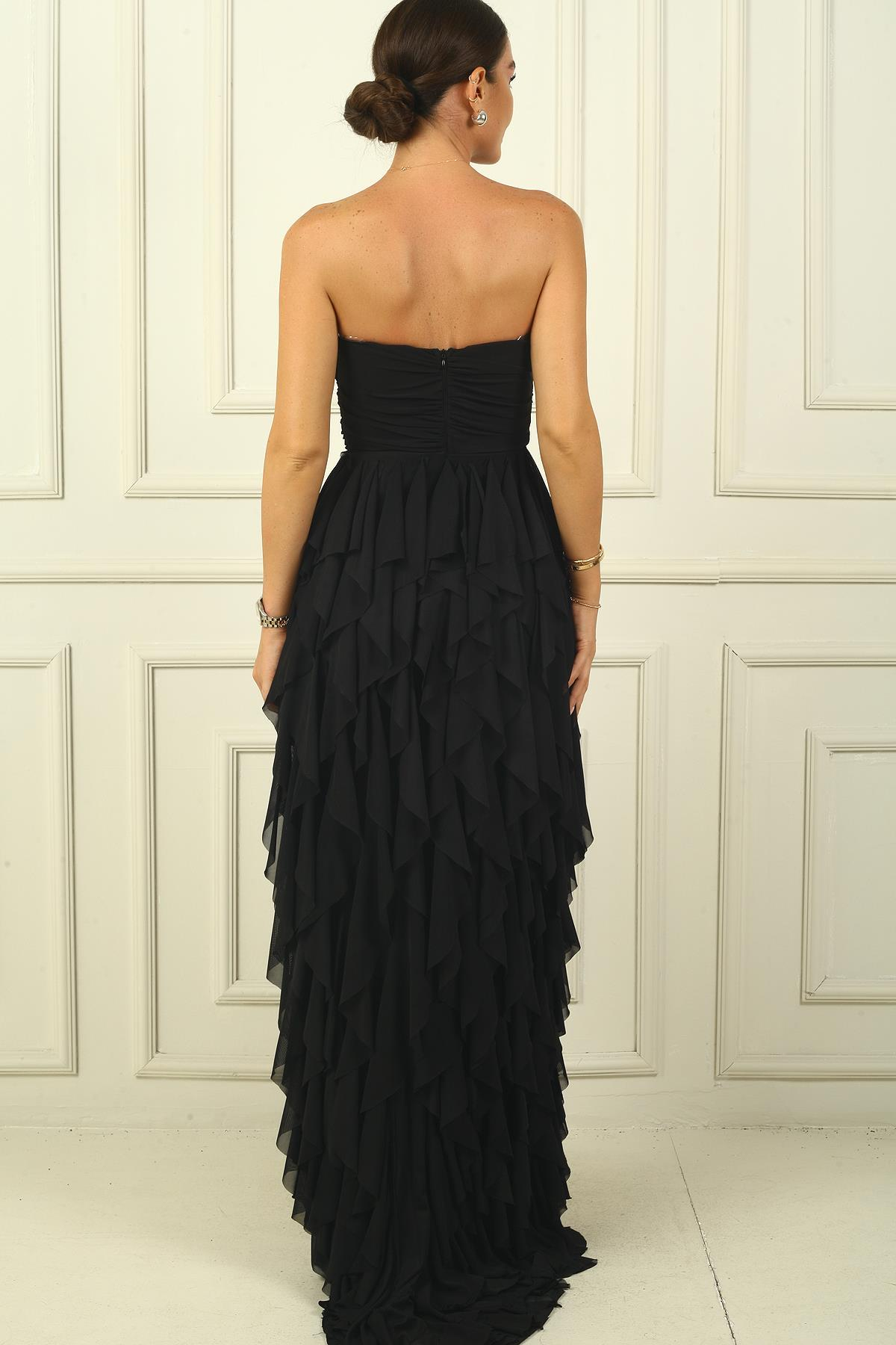 S-24Y4120012Straplez Önü Taş Detaylı Drapeli Astarlı Yanı Yırtmaçlı Volanlı Uzun Tül Elbise