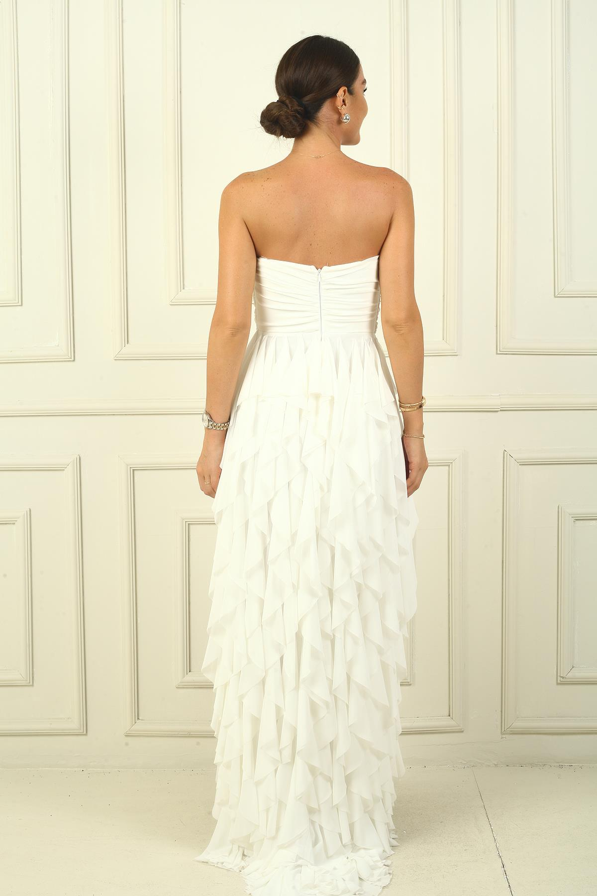 S-24Y4120012Straplez Önü Taş Detaylı Drapeli Astarlı Yanı Yırtmaçlı Volanlı Uzun Tül Elbise