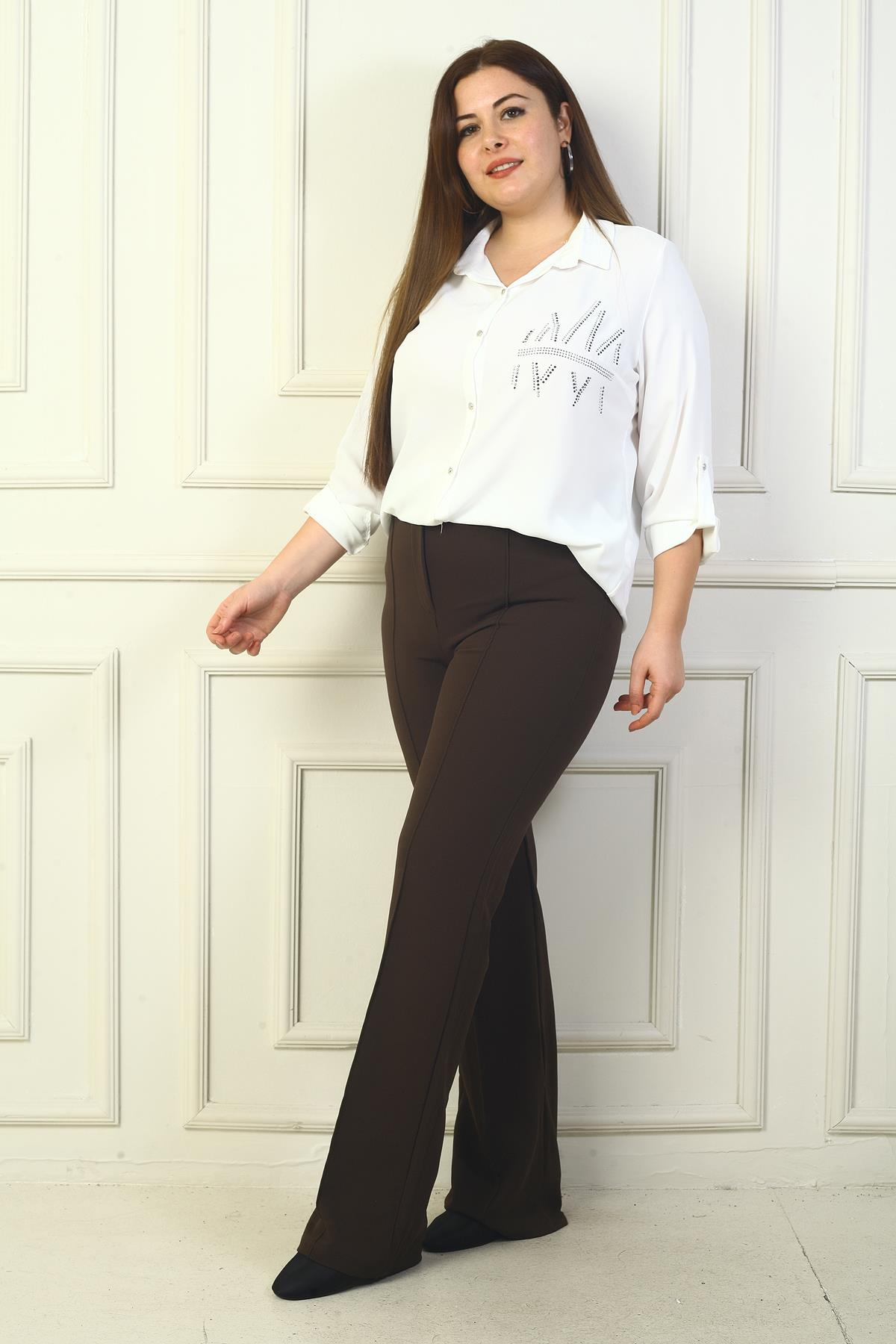 S-24Y4130004Kadın Beli Lastikli Çımalı Büyük Beden Palazzo Pantolon