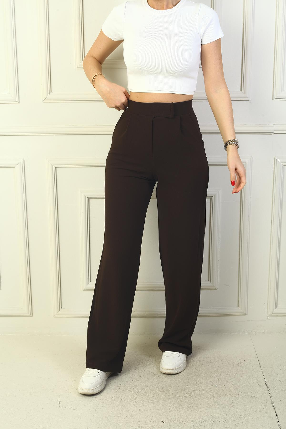 S-24Y4130006Kadın Beli Cırt Cırtlı Kapama Likralı Palazzo Pantolon