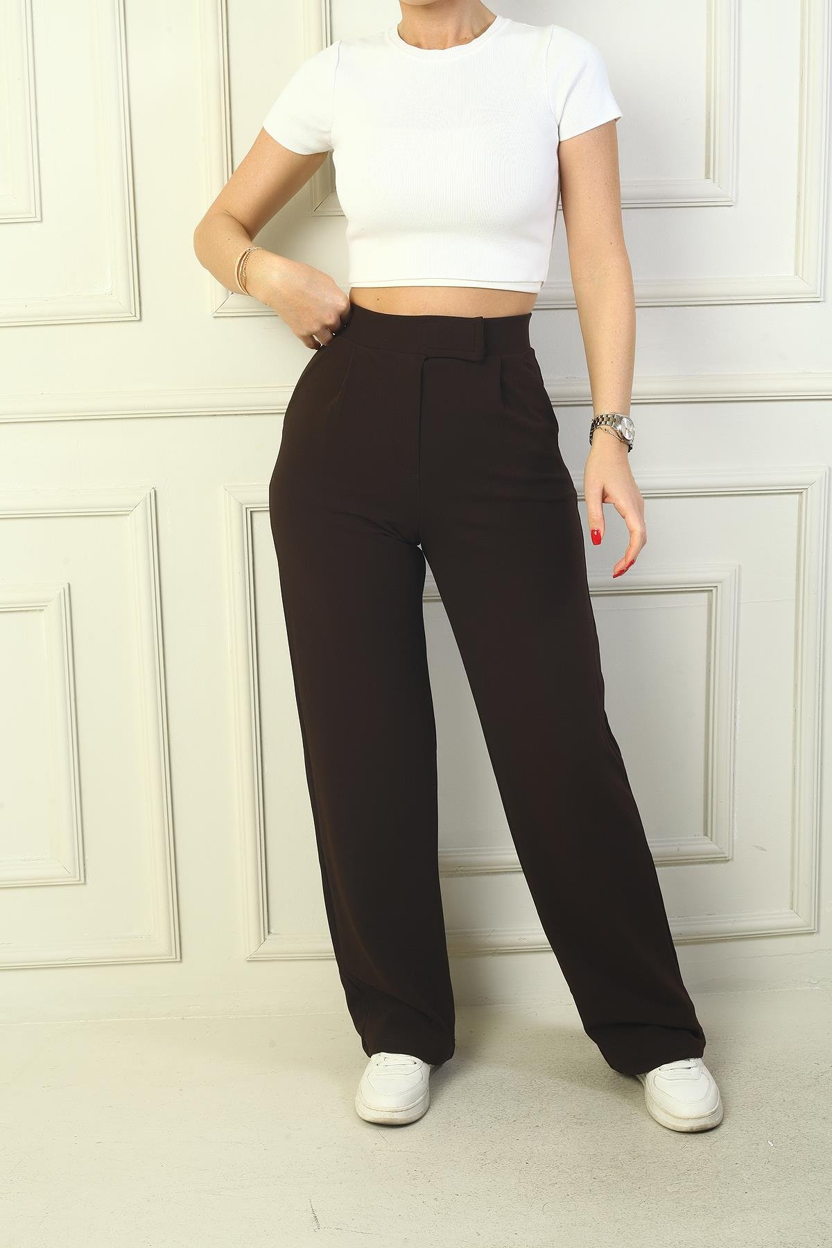 S-24Y4130006Kadın Beli Cırt Cırtlı Kapama Likralı Palazzo Pantolon