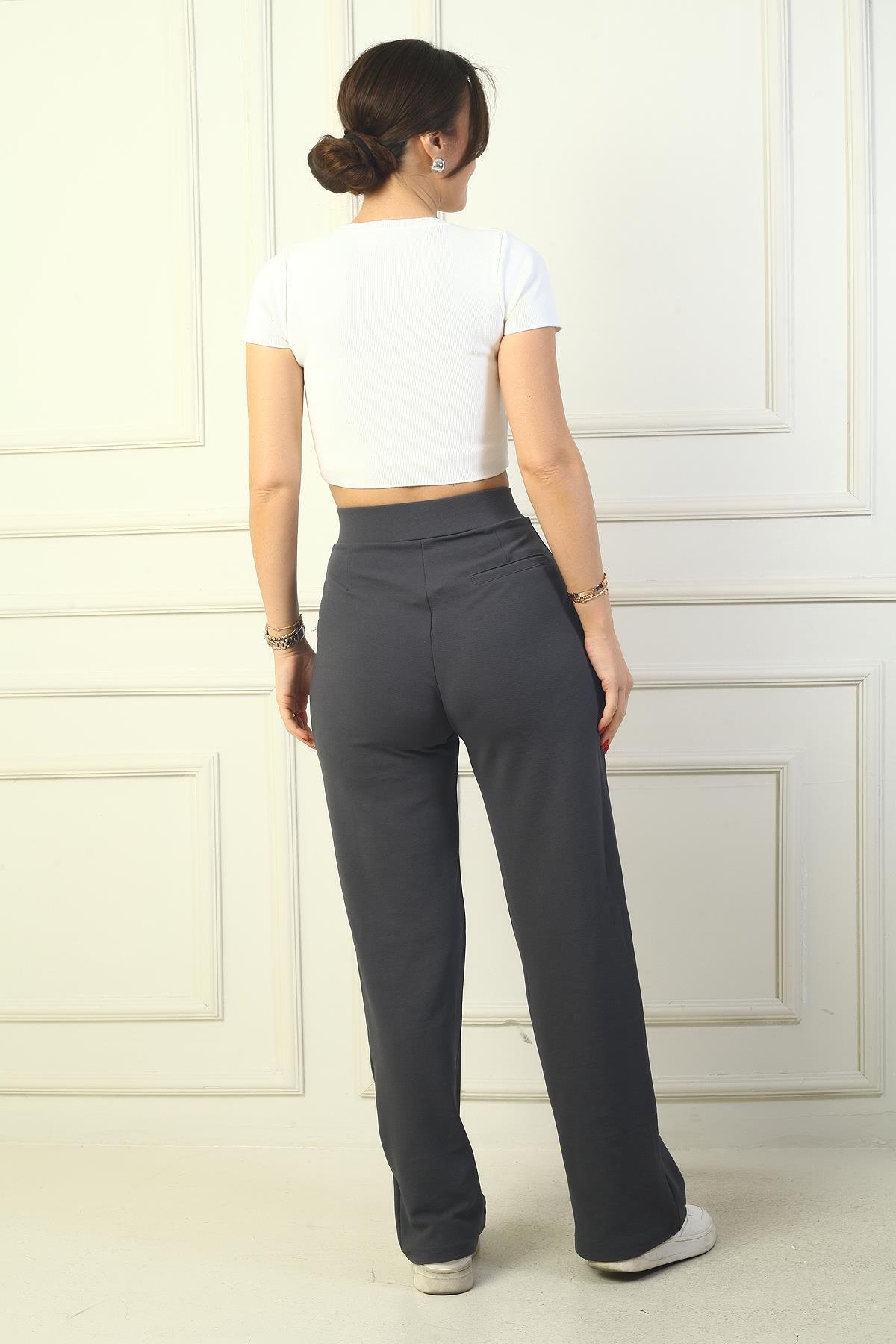 S-24Y4130006Kadın Beli Cırt Cırtlı Kapama Likralı Palazzo Pantolon