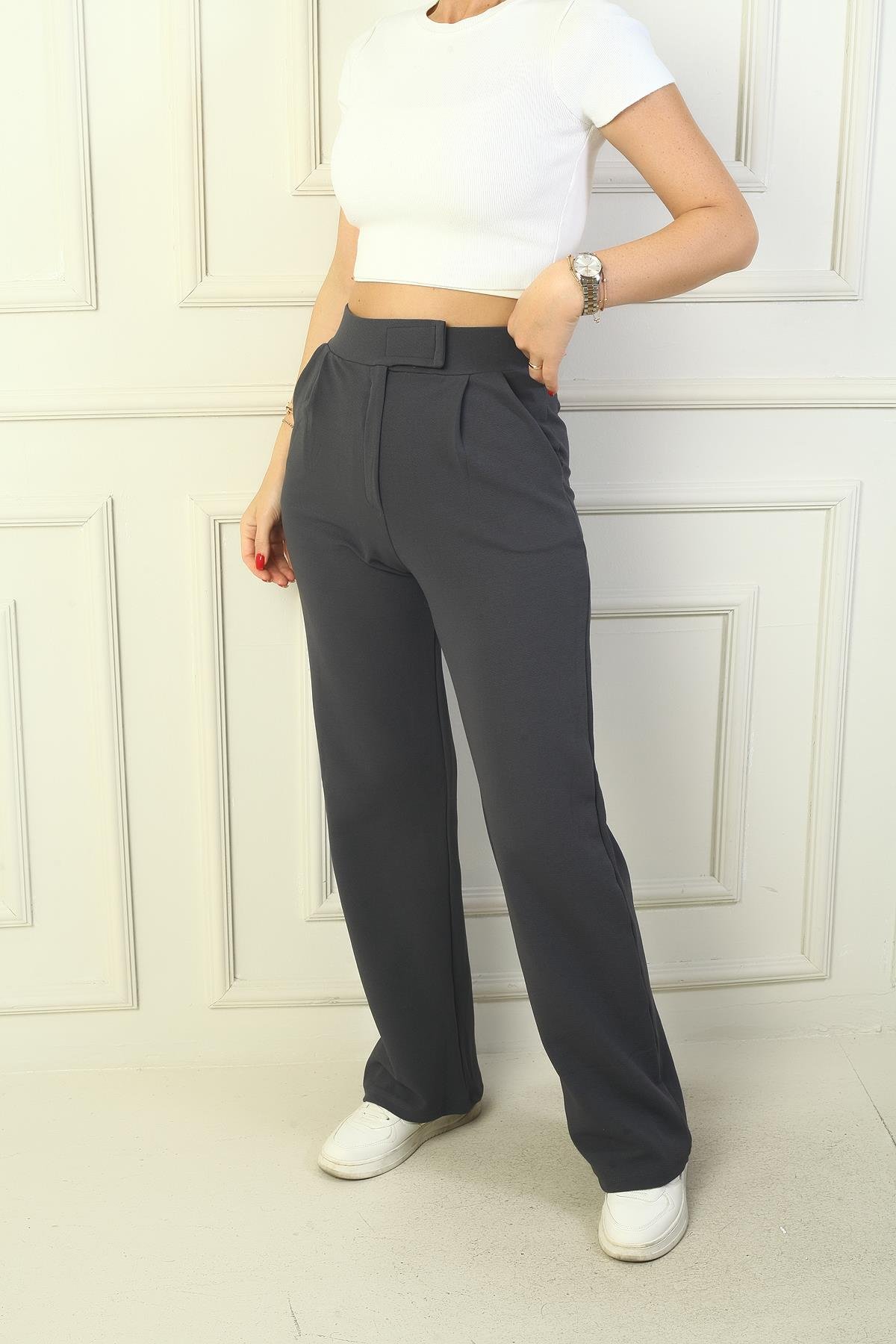 S-24Y4130006Kadın Beli Cırt Cırtlı Kapama Likralı Palazzo Pantolon