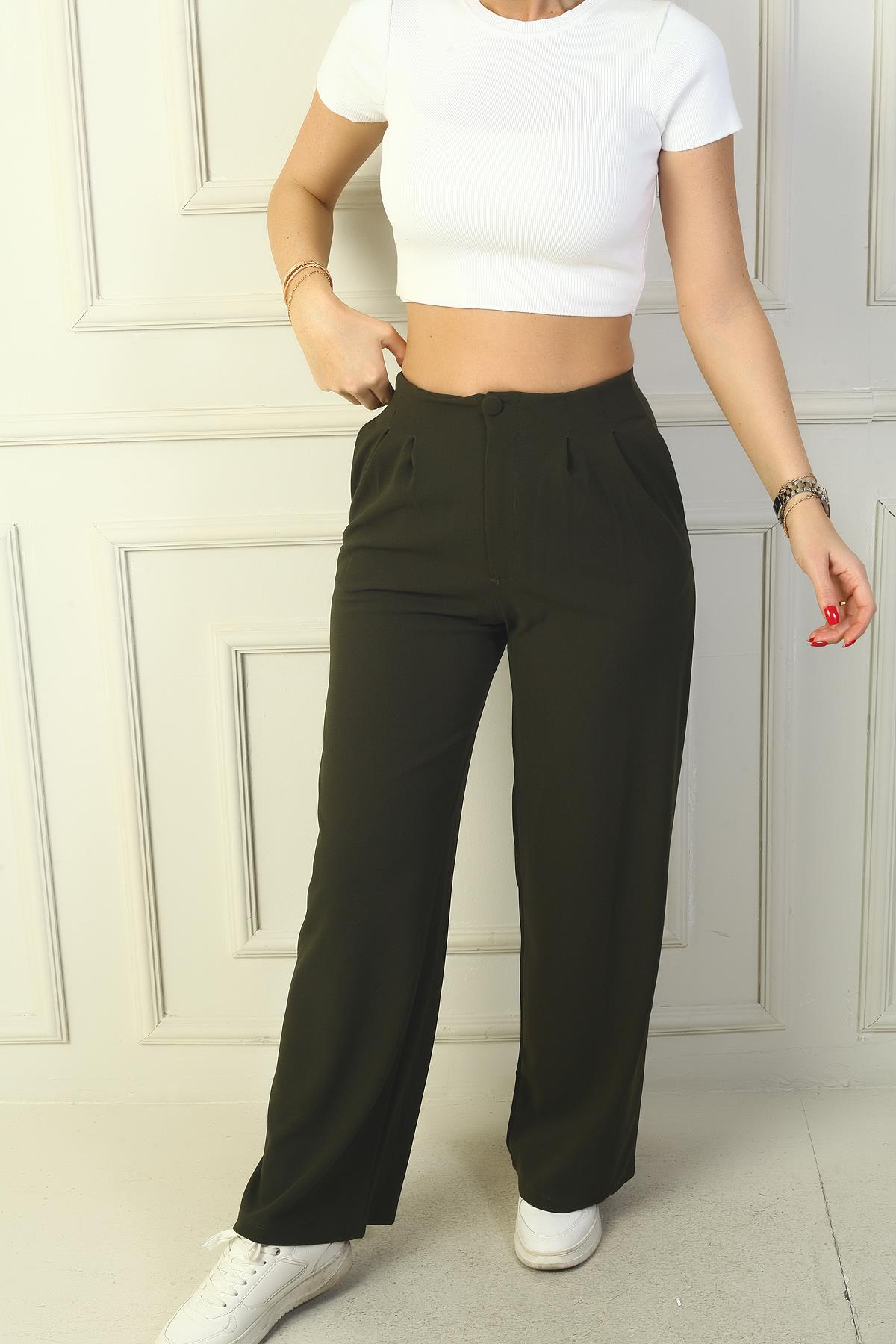 S-24Y4130007Kadın Pileli Cepli Palazzo Pantolon