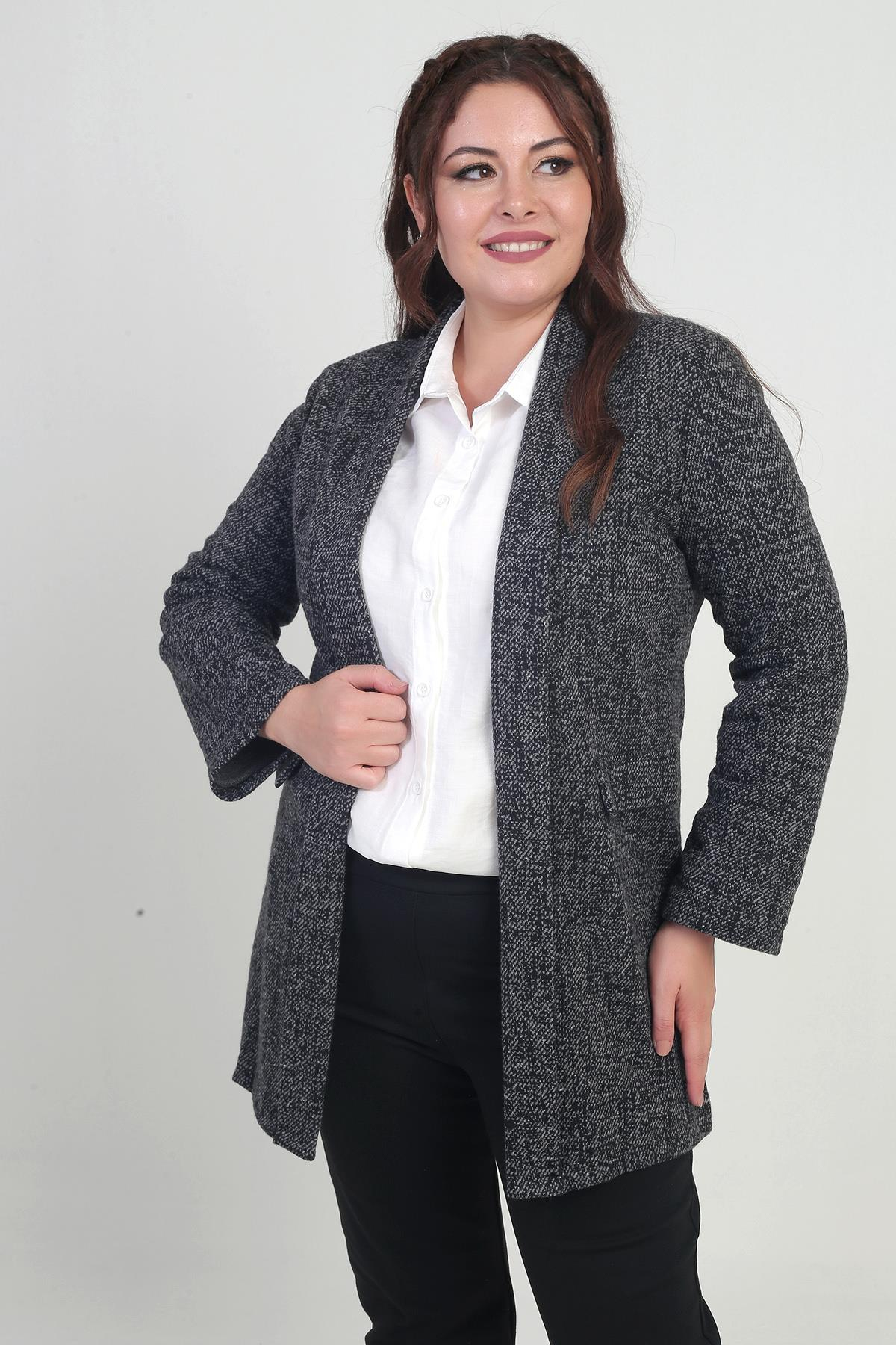 S-24Y4140014Kadın Şal Yaka Karyağdı Büyük Beden Kaşe Ceket