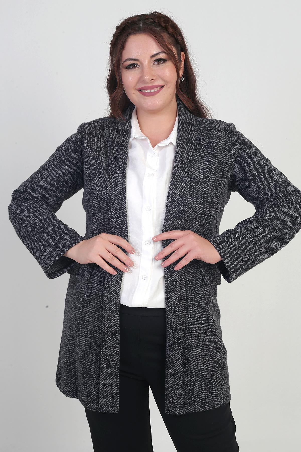 S-24Y4140014Kadın Şal Yaka Karyağdı Büyük Beden Kaşe Ceket