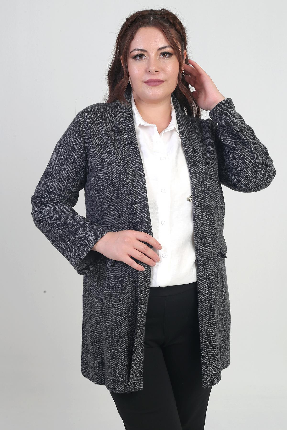 S-24Y4140014Kadın Şal Yaka Karyağdı Büyük Beden Kaşe Ceket