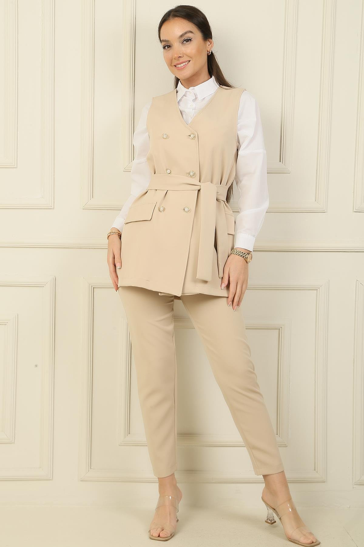 S-24Y41600016 Düğmeli Sahte Cepli Kuşaklı Yelek Beli Lastikli Dar Paça Pantolon 2'li Takım