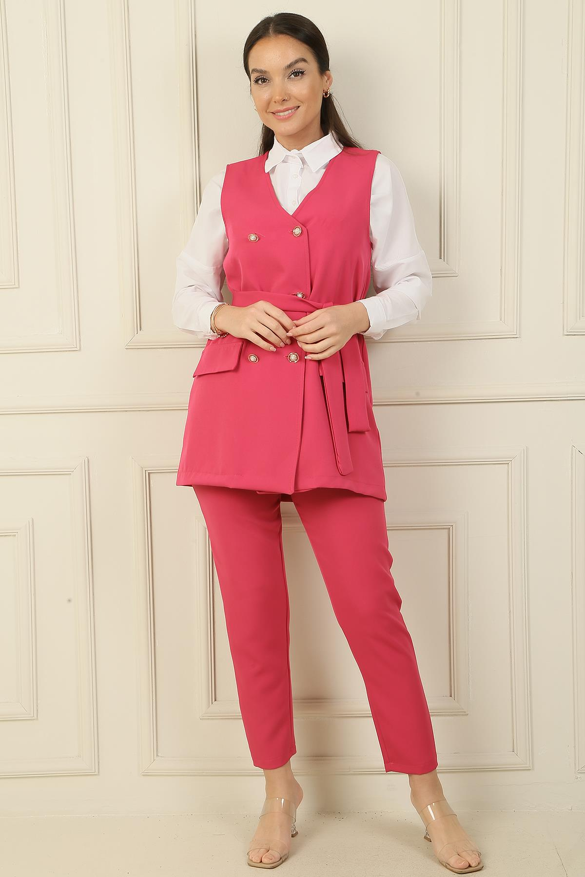 S-24Y41600016 Düğmeli Sahte Cepli Kuşaklı Yelek Beli Lastikli Dar Paça Pantolon 2'li Takım