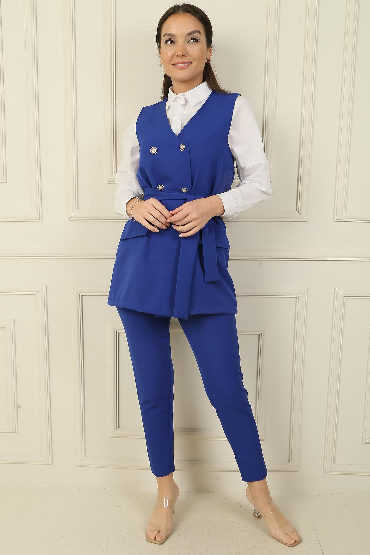 S-24Y41600016 Düğmeli Sahte Cepli Kuşaklı Yelek Beli Lastikli Dar Paça Pantolon 2'li Takım