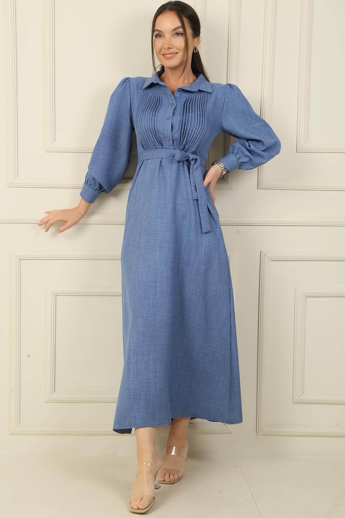 S-24Y4160005Önü Yarım Düğmeli Nervürlü Beli Kuşaklı Uzun Elbise