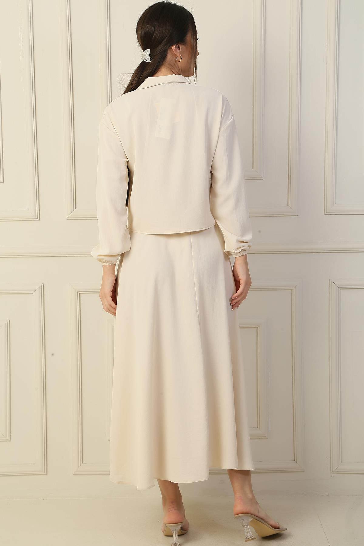 S-24Y4160006Çift Cepli Gömlek Beli Lastikli Arya Etek 2'li Takım