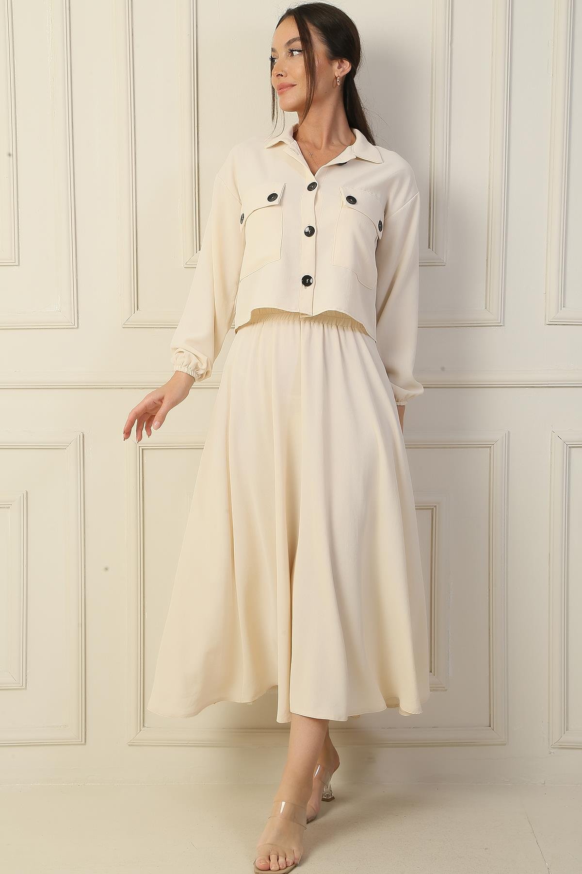 S-24Y4160006Çift Cepli Gömlek Beli Lastikli Arya Etek 2'li Takım