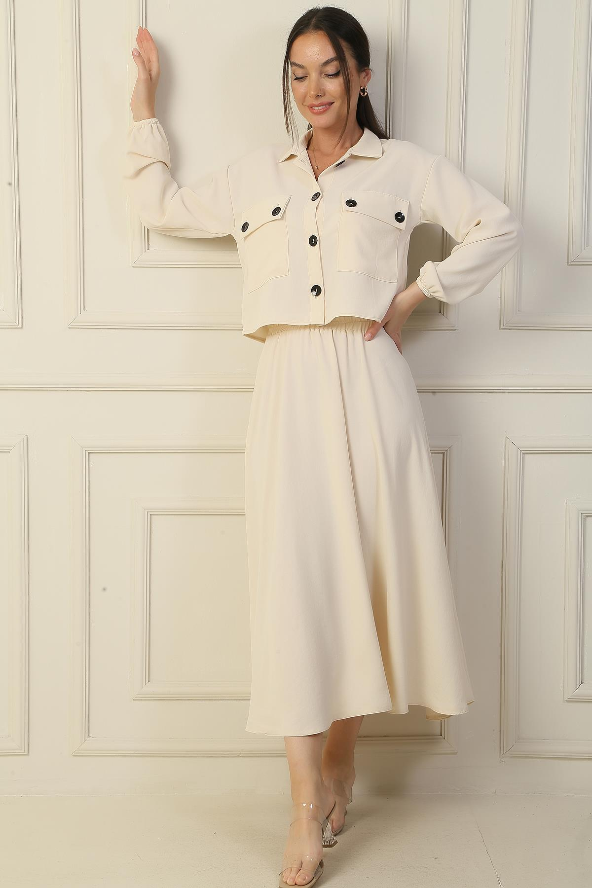 S-24Y4160006Çift Cepli Gömlek Beli Lastikli Arya Etek 2'li Takım