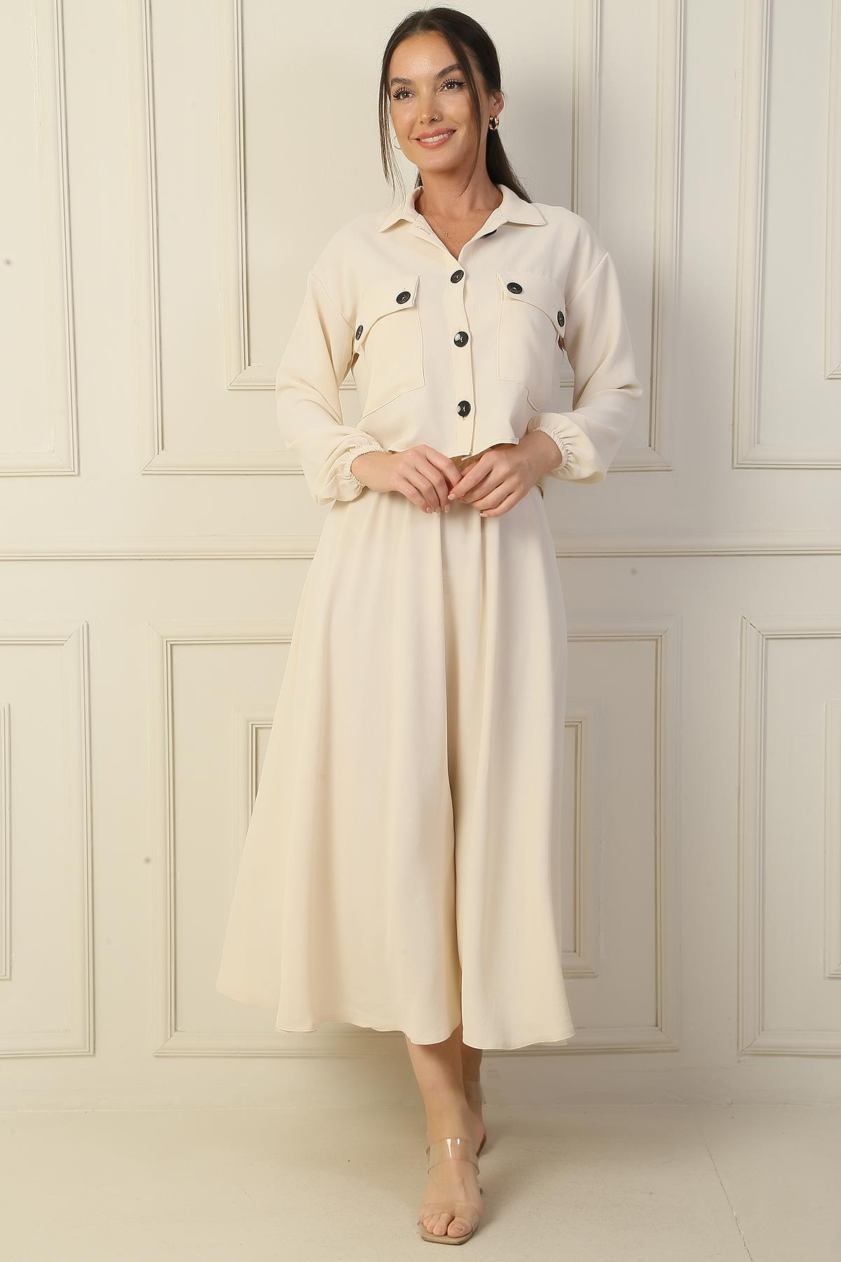 S-24Y4160006Çift Cepli Gömlek Beli Lastikli Arya Etek 2'li Takım