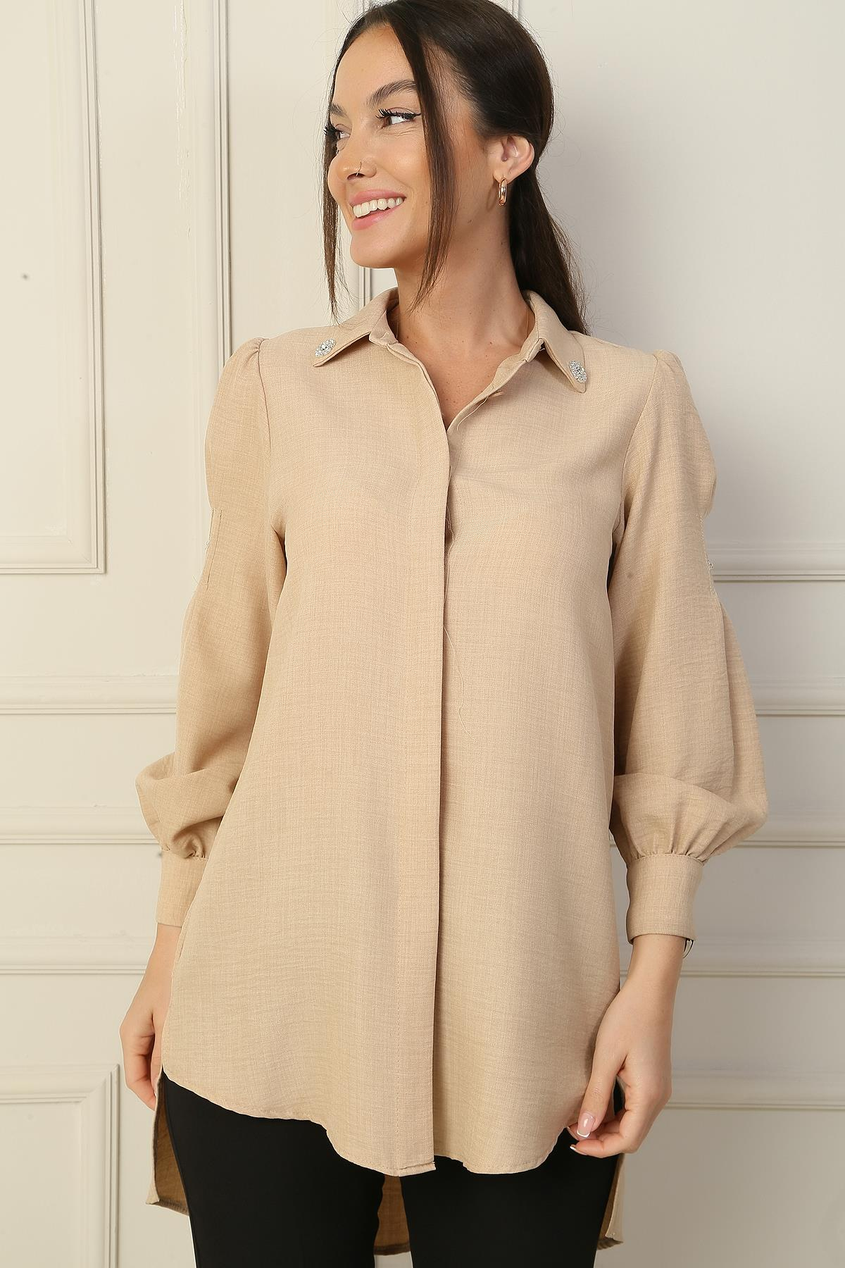 S-24Y4160007Yaka Ve Kolları Taş Detaylı Patlı Gömlek