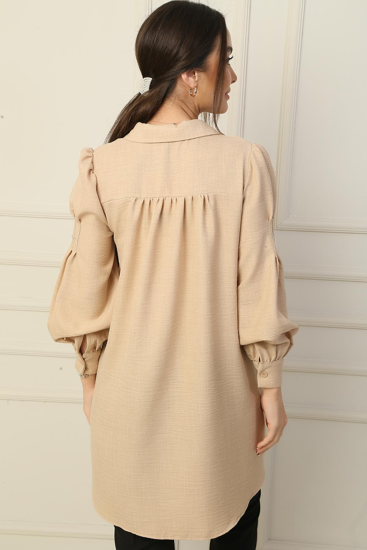 S-24Y4160007Yaka Ve Kolları Taş Detaylı Patlı Gömlek