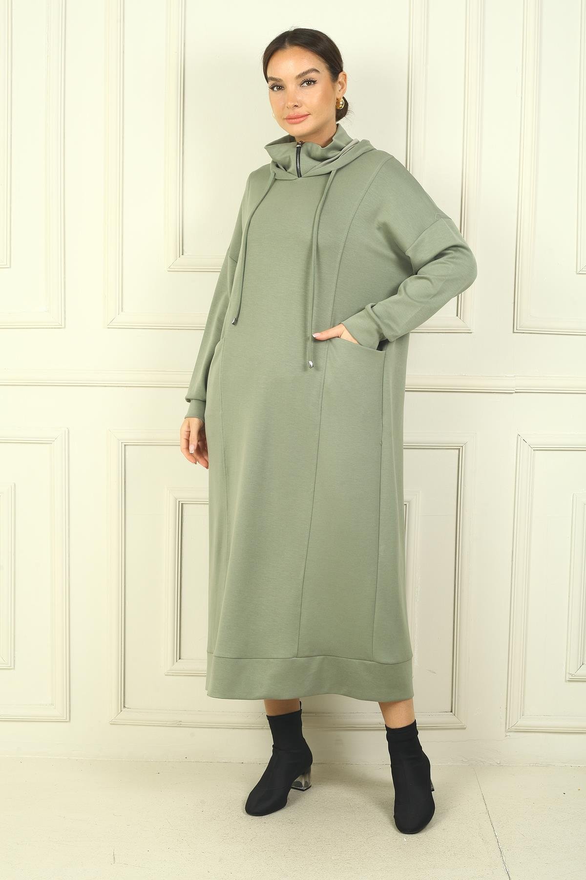 S-24Y4160010Kadın Yaka Fermuarlı Kapüşonlu Torba Cepli Rahat Kalıp Oysho Uzun  Elbise