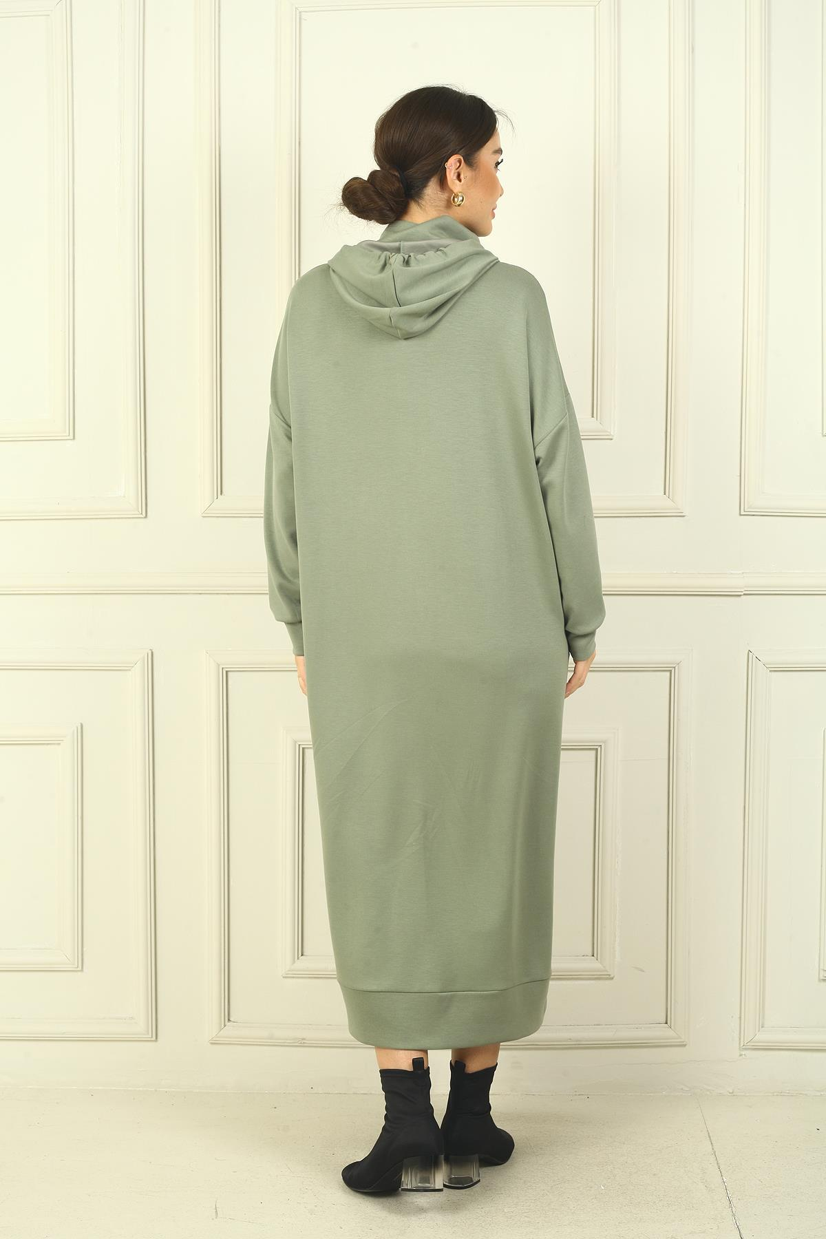 S-24Y4160010Kadın Yaka Fermuarlı Kapüşonlu Torba Cepli Rahat Kalıp Oysho Uzun  Elbise