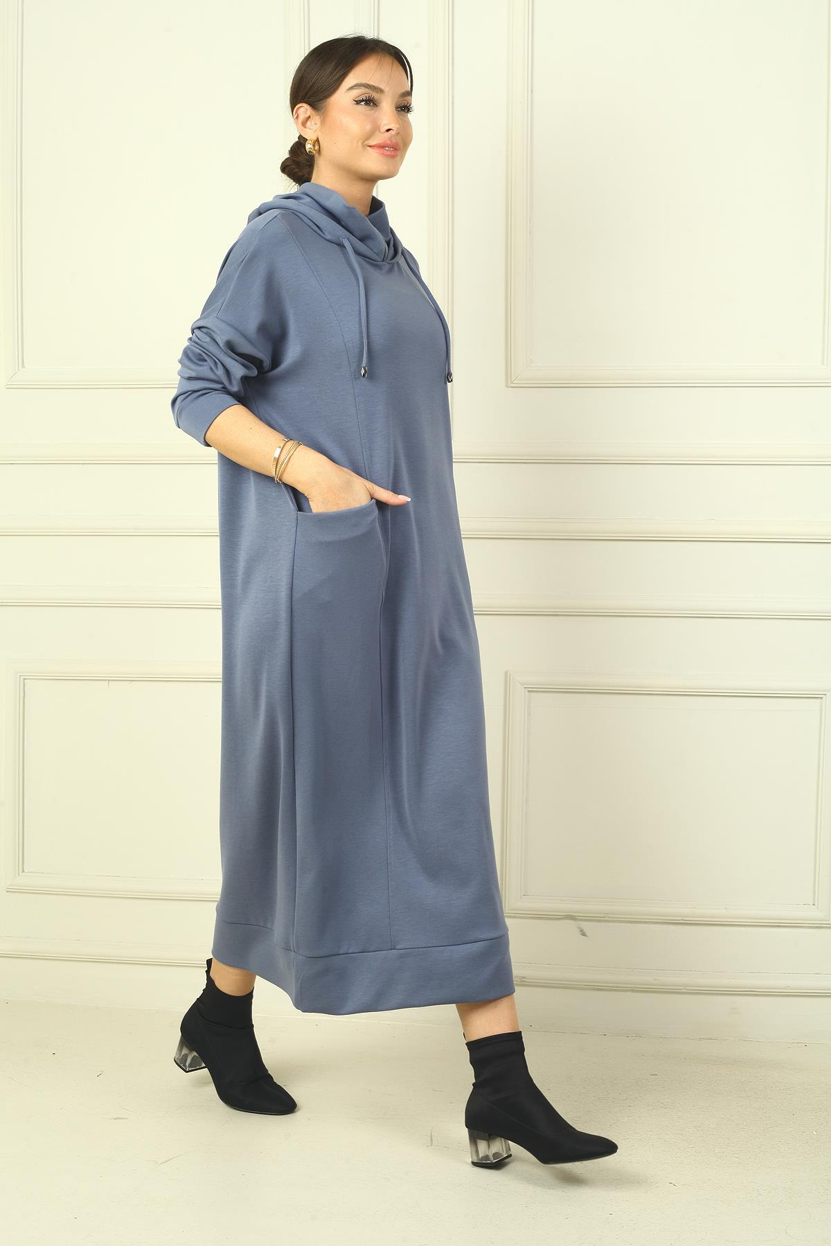 S-24Y4160010Kadın Yaka Fermuarlı Kapüşonlu Torba Cepli Rahat Kalıp Oysho Uzun  Elbise