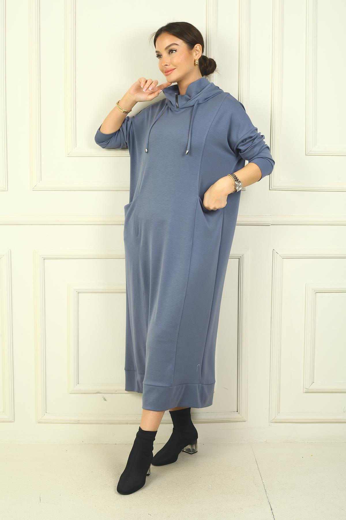 S-24Y4160010Kadın Yaka Fermuarlı Kapüşonlu Torba Cepli Rahat Kalıp Oysho Uzun  Elbise