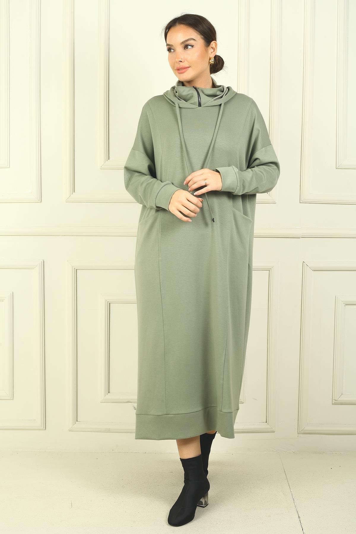 S-24Y4160010Kadın Yaka Fermuarlı Kapüşonlu Torba Cepli Rahat Kalıp Oysho Uzun  Elbise