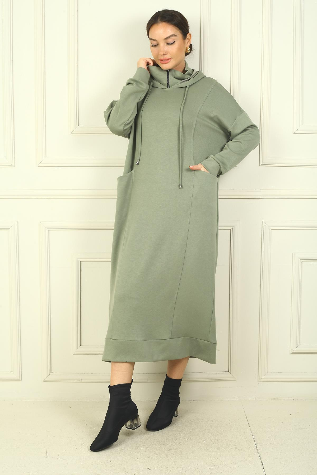 S-24Y4160010Kadın Yaka Fermuarlı Kapüşonlu Torba Cepli Rahat Kalıp Oysho Uzun  Elbise