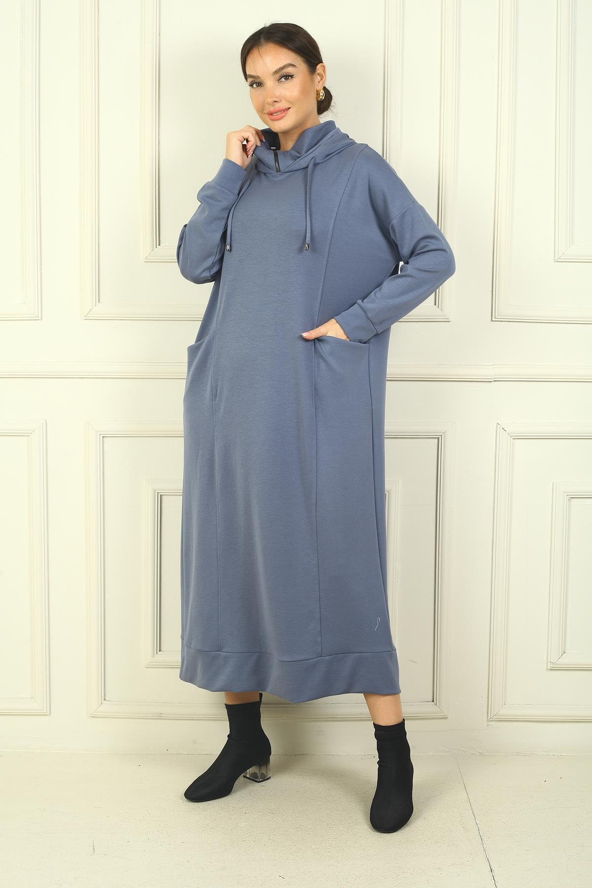 S-24Y4160010Kadın Yaka Fermuarlı Kapüşonlu Torba Cepli Rahat Kalıp Oysho Uzun  Elbise