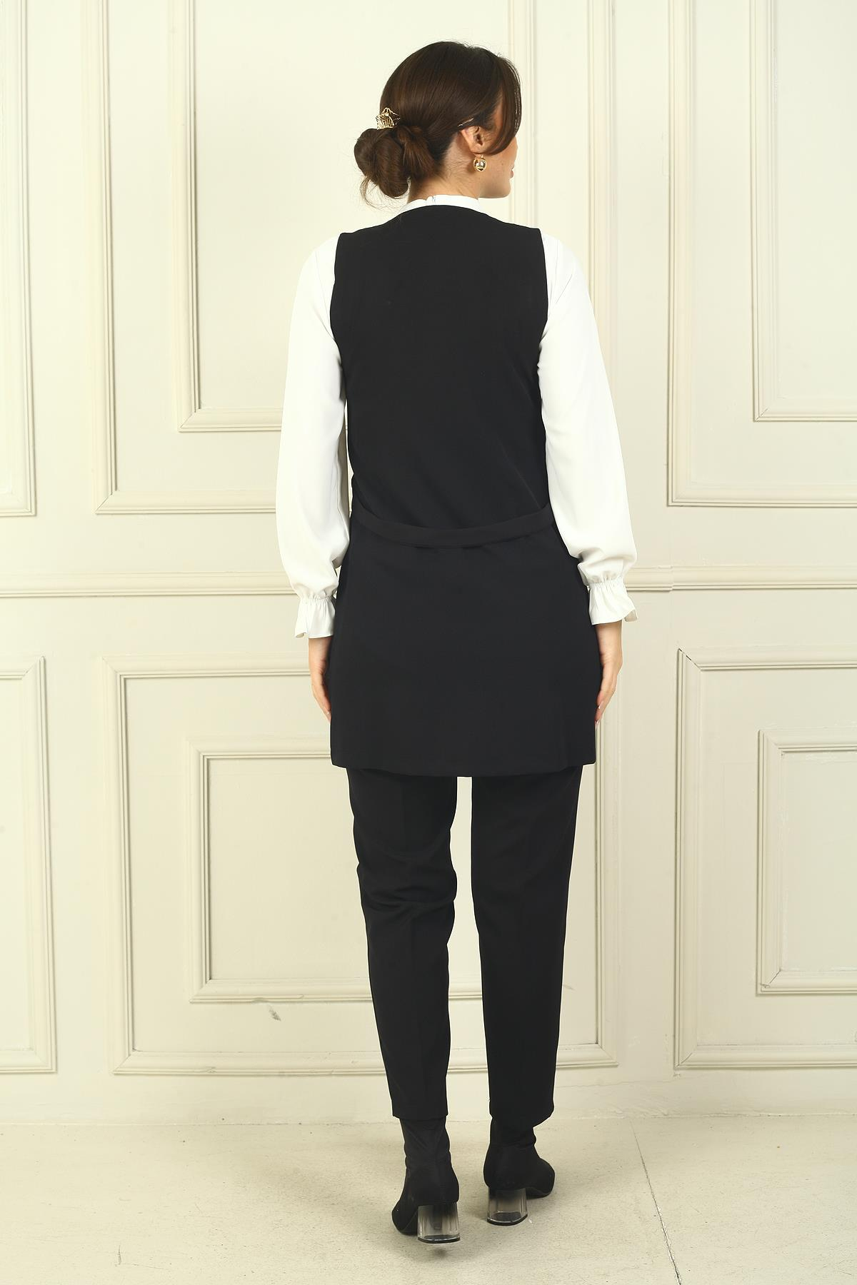 S-24Y4160014Kadın Tek Çıtçıtlı Cepleri Fermuarlı Uzun Yelek Şifon Gömlek Beli Lastikli Pantolon 3'lü Takım