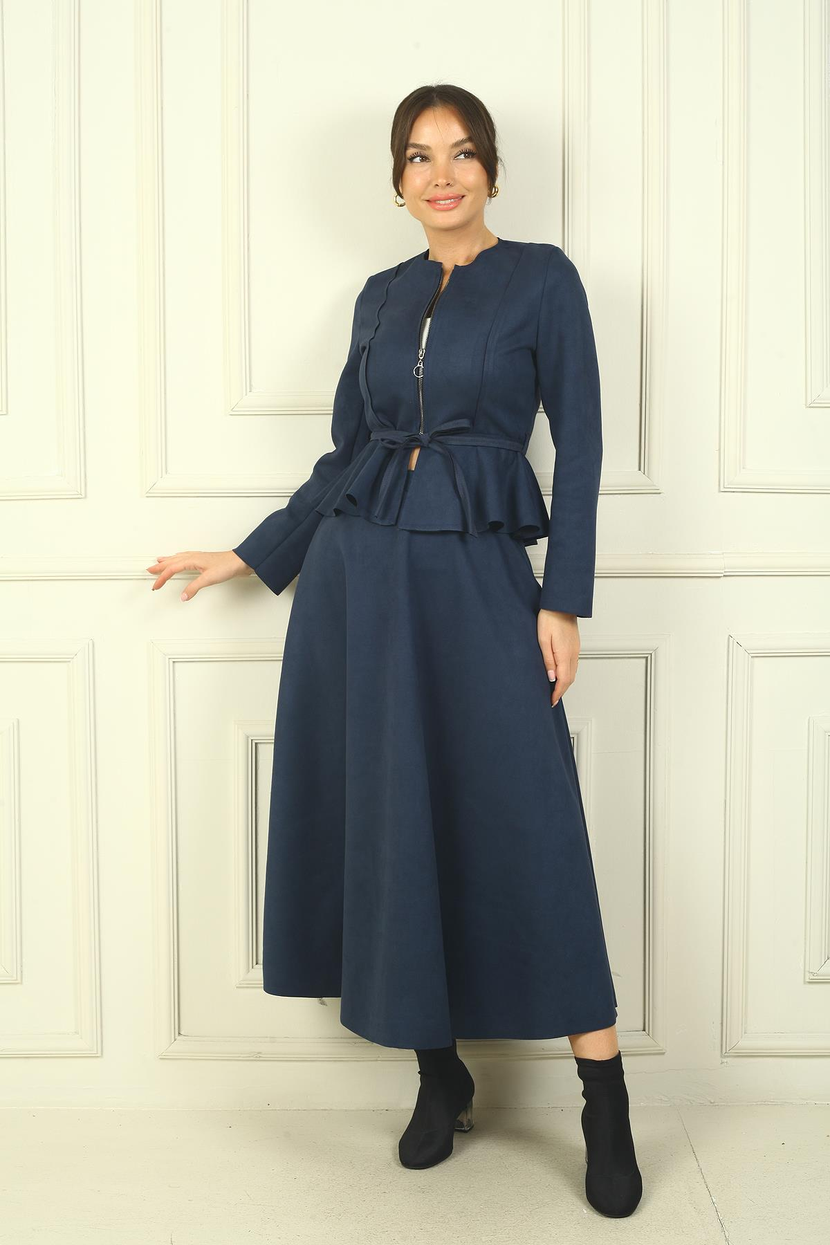 S-24Y4160015Kadın Önü Fermuarlı Beli Oturtmalı Kuşalı Ceket Lastikli Uzun Etek 2'li Süet Takım