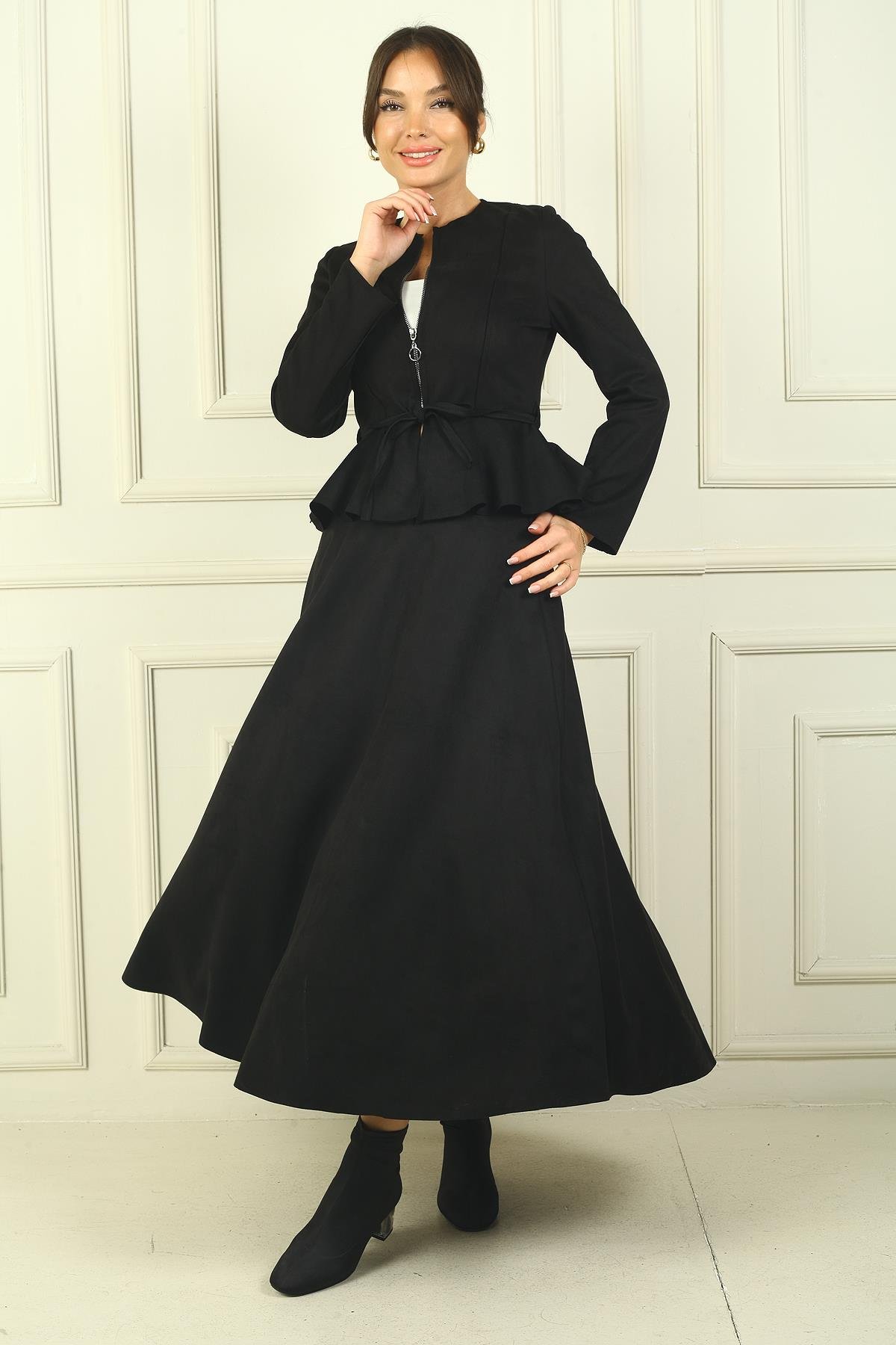 S-24Y4160015Kadın Önü Fermuarlı Beli Oturtmalı Kuşalı Ceket Lastikli Uzun Etek 2'li Süet Takım