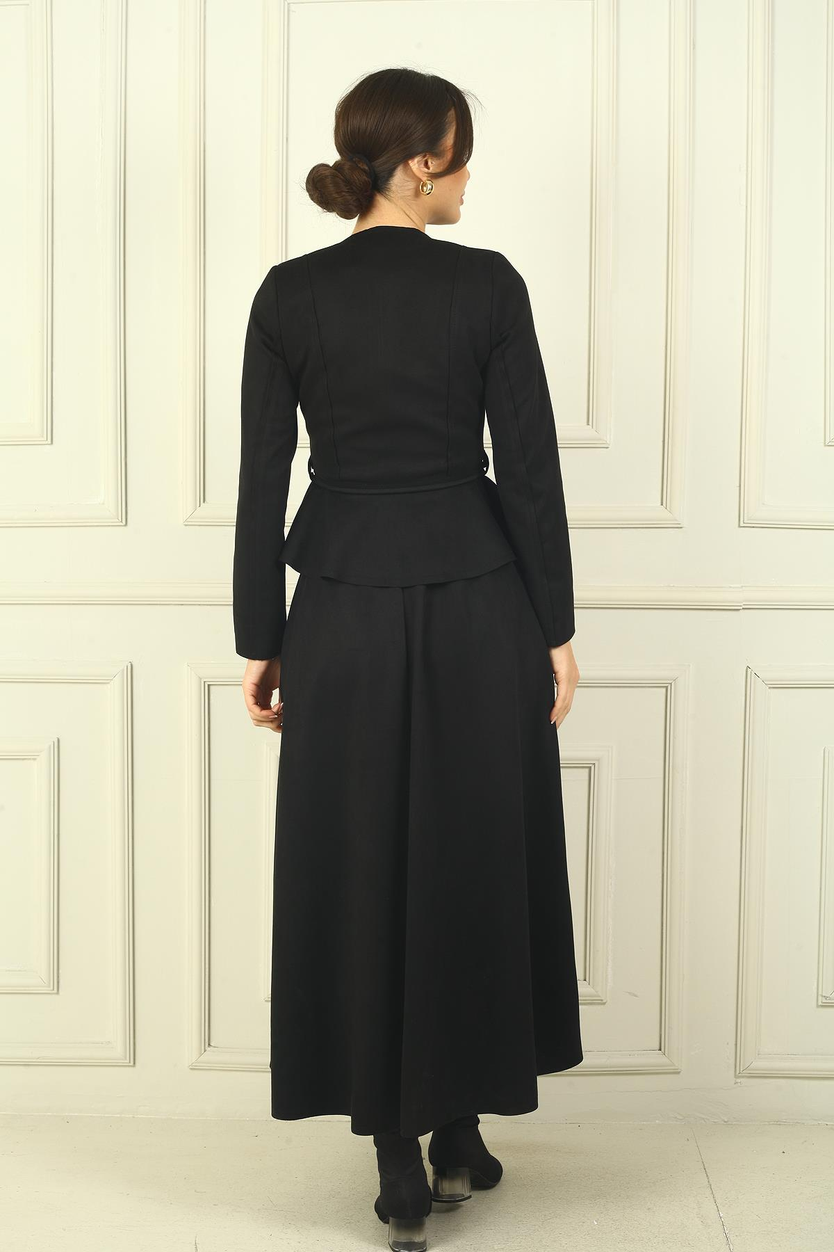 S-24Y4160015Kadın Önü Fermuarlı Beli Oturtmalı Kuşalı Ceket Lastikli Uzun Etek 2'li Süet Takım