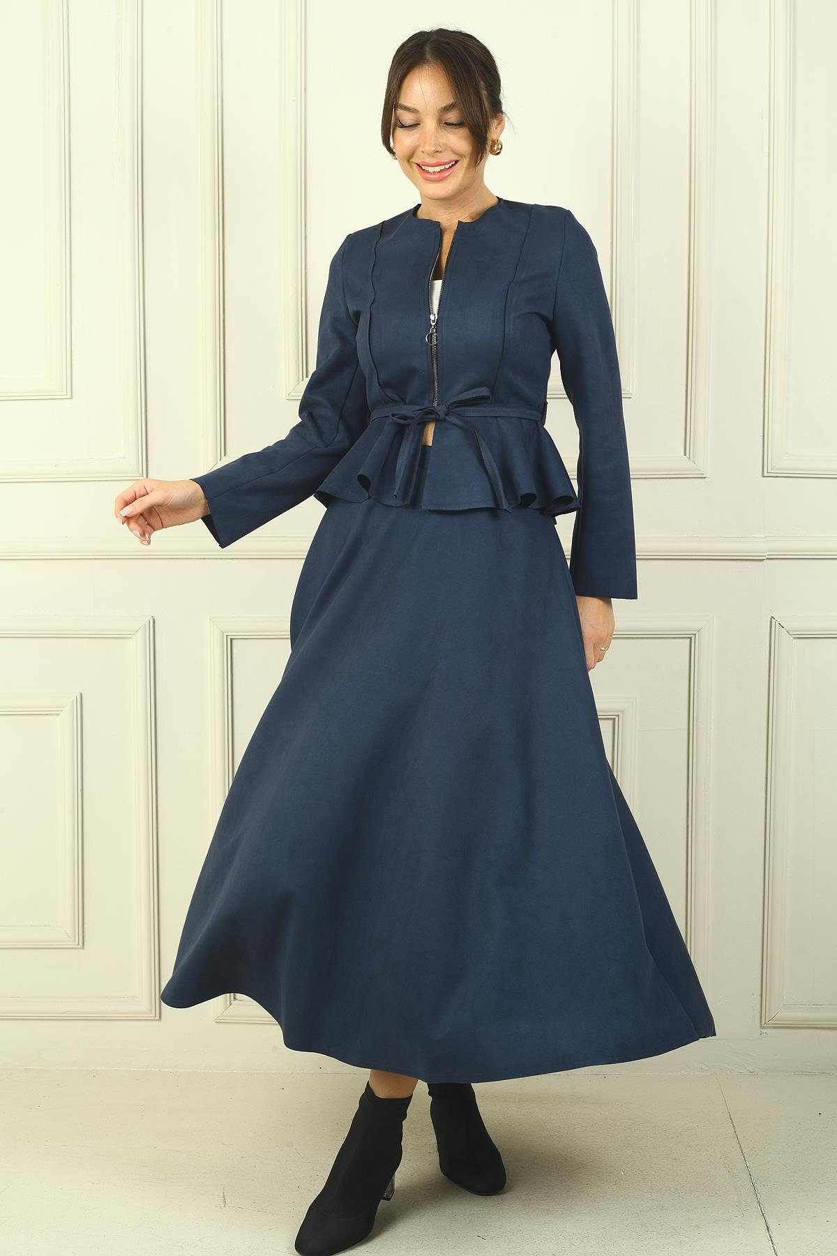 S-24Y4160015Kadın Önü Fermuarlı Beli Oturtmalı Kuşalı Ceket Lastikli Uzun Etek 2'li Süet Takım