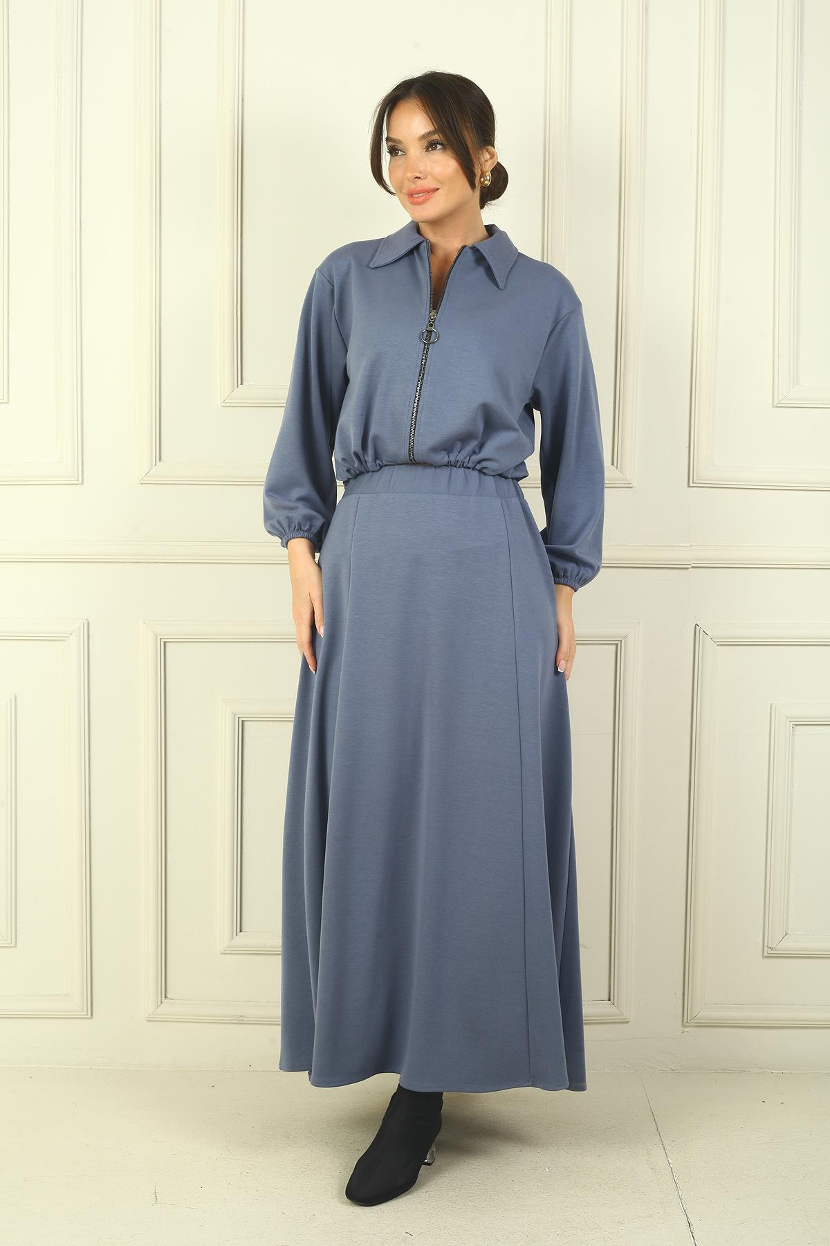 S-24Y4160016Kadın Önü Fermuarlı Ceket Beli Lastikli Uzun Etek Osyho 2'li Takım