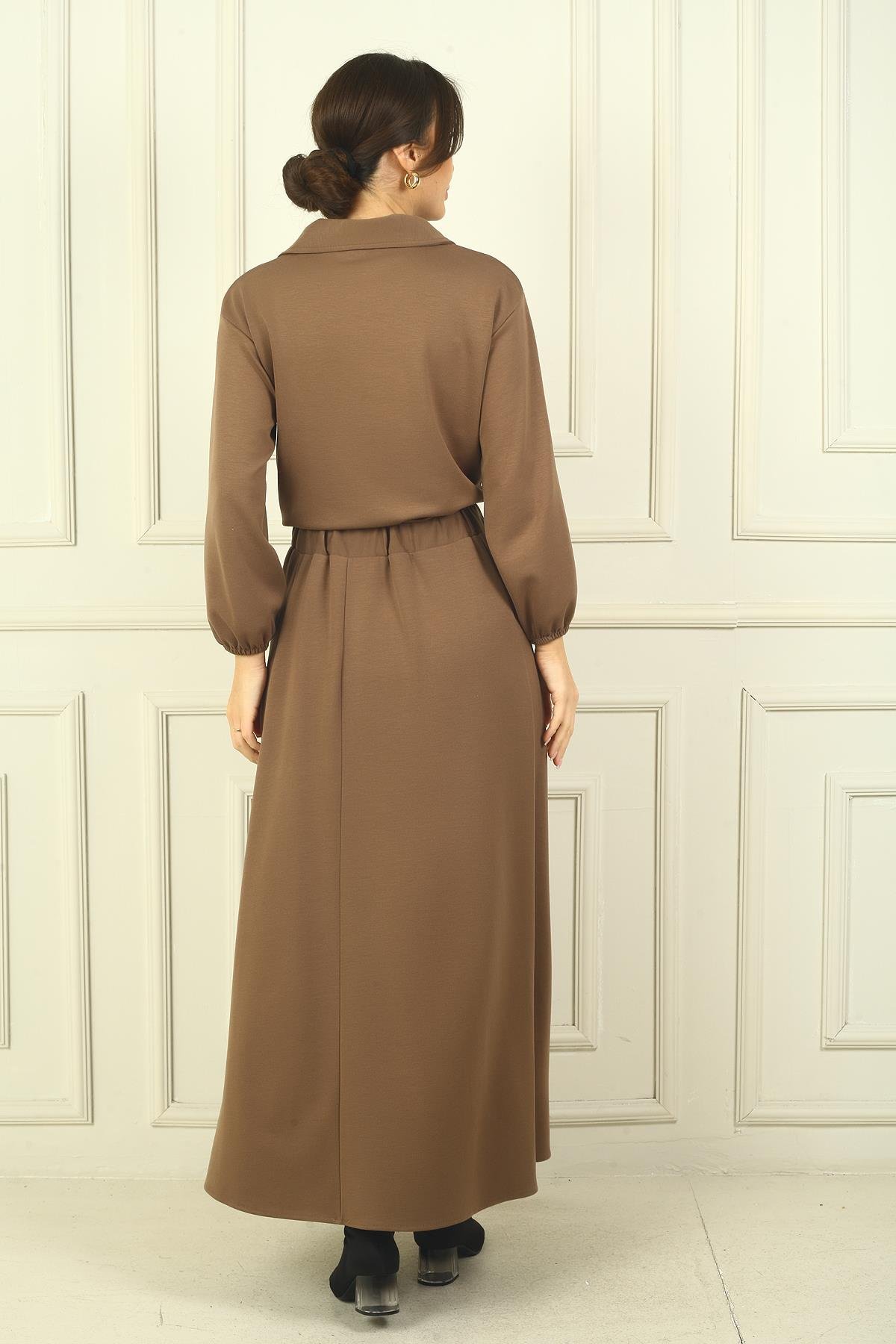 S-24Y4160016Kadın Önü Fermuarlı Ceket Beli Lastikli Uzun Etek Osyho 2'li Takım