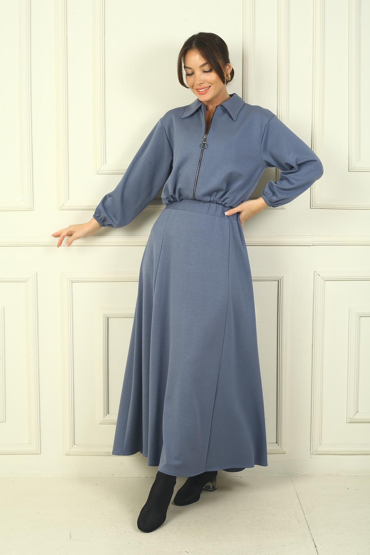 S-24Y4160016Kadın Önü Fermuarlı Ceket Beli Lastikli Uzun Etek Osyho 2'li Takım