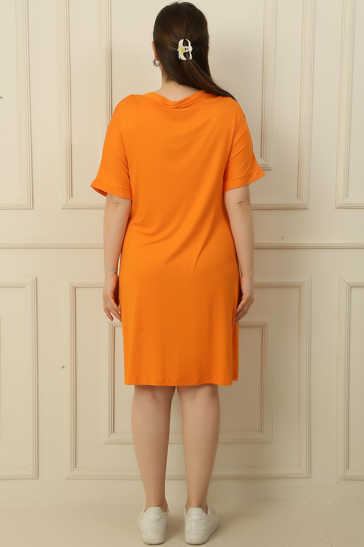 S-24Y4170002V Yaka Cepleri Taşlı Büyük Beden Viskon Elbise