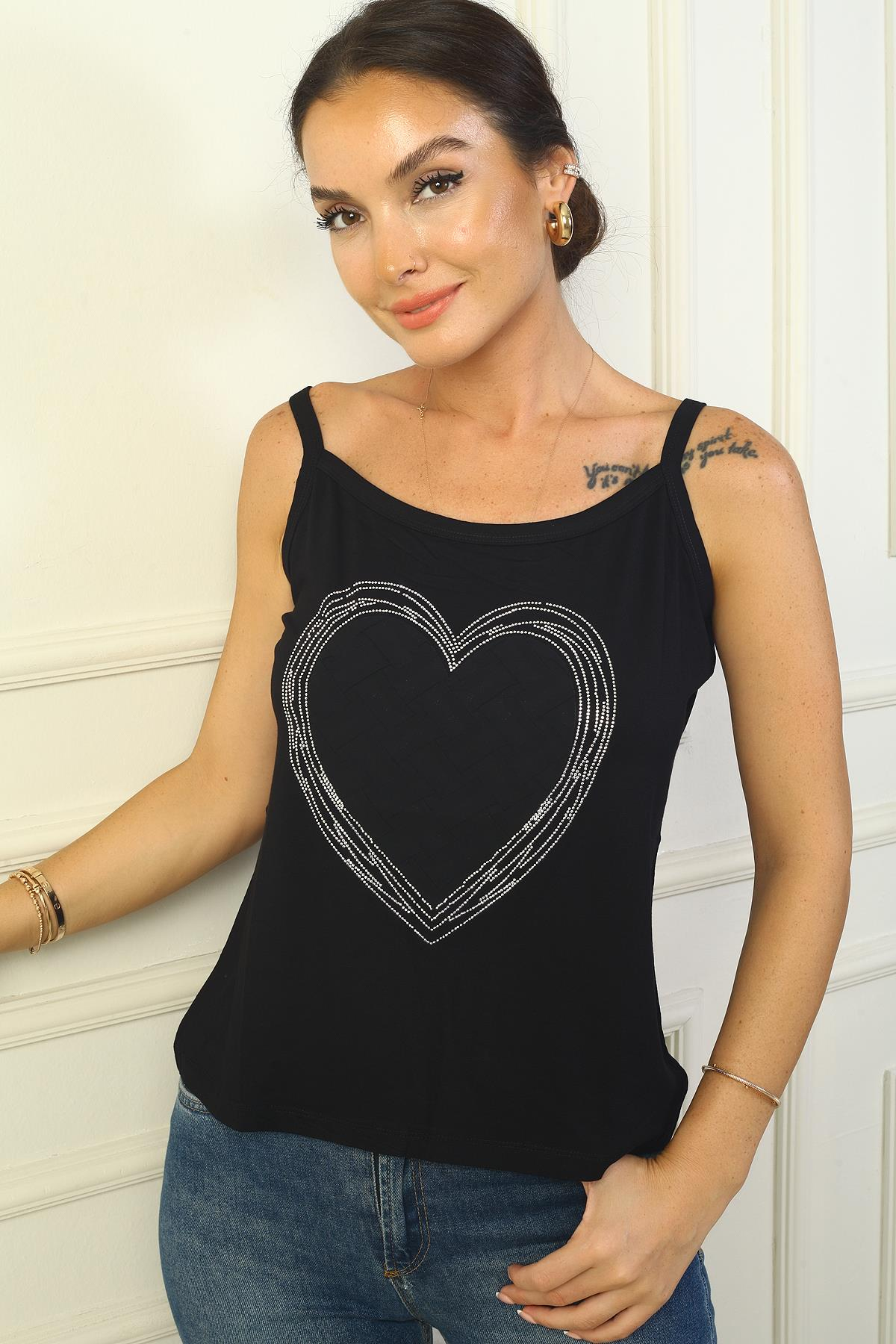 S-24Y4170014Omuz İp Askılı Önü Taş Kalp İşlemel Geniş Kalıpi Atlet