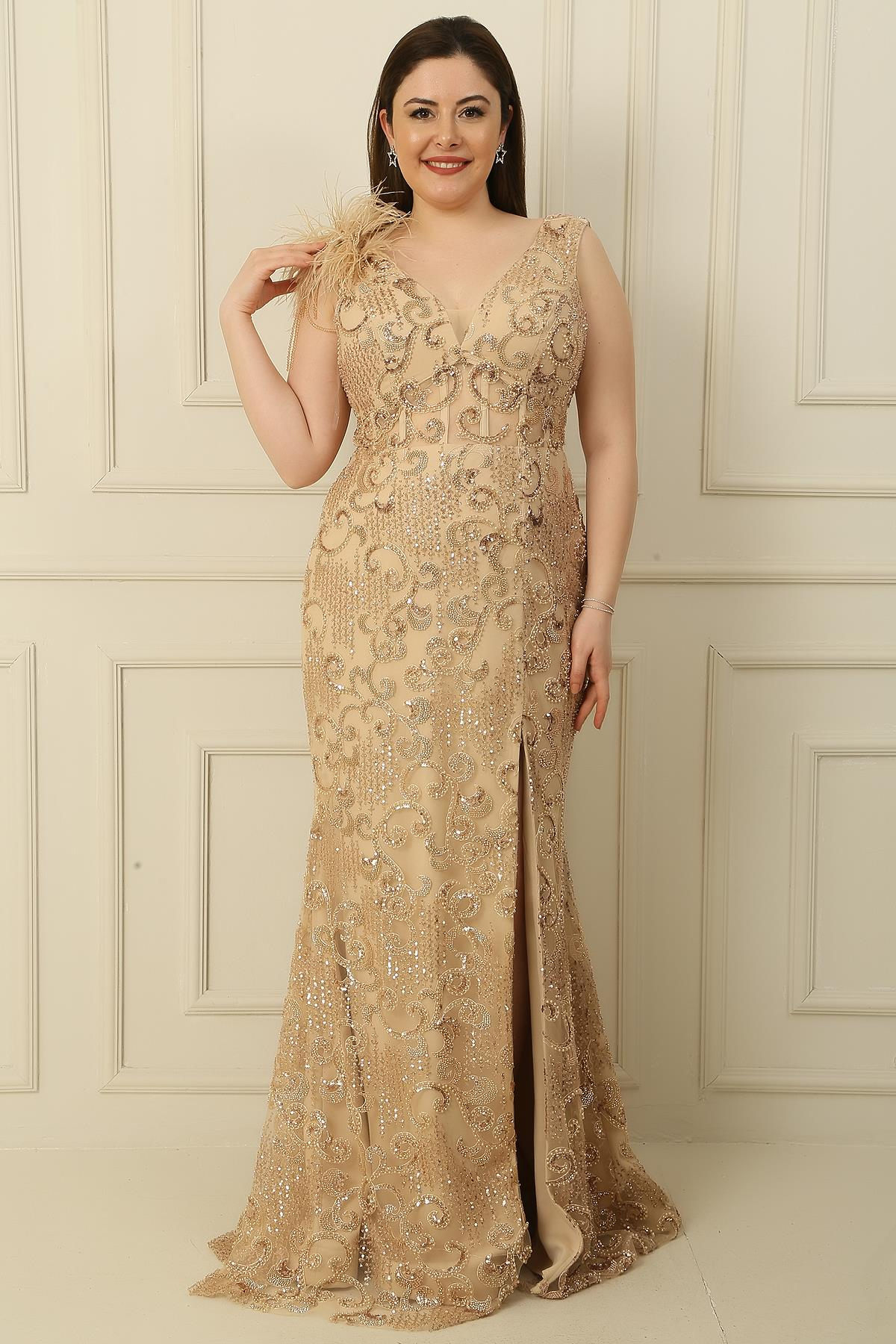 S-24Y4240002One-Shoulder Feather Bead-Sequin Embroidered Lined Plus Size Fishnet Dress