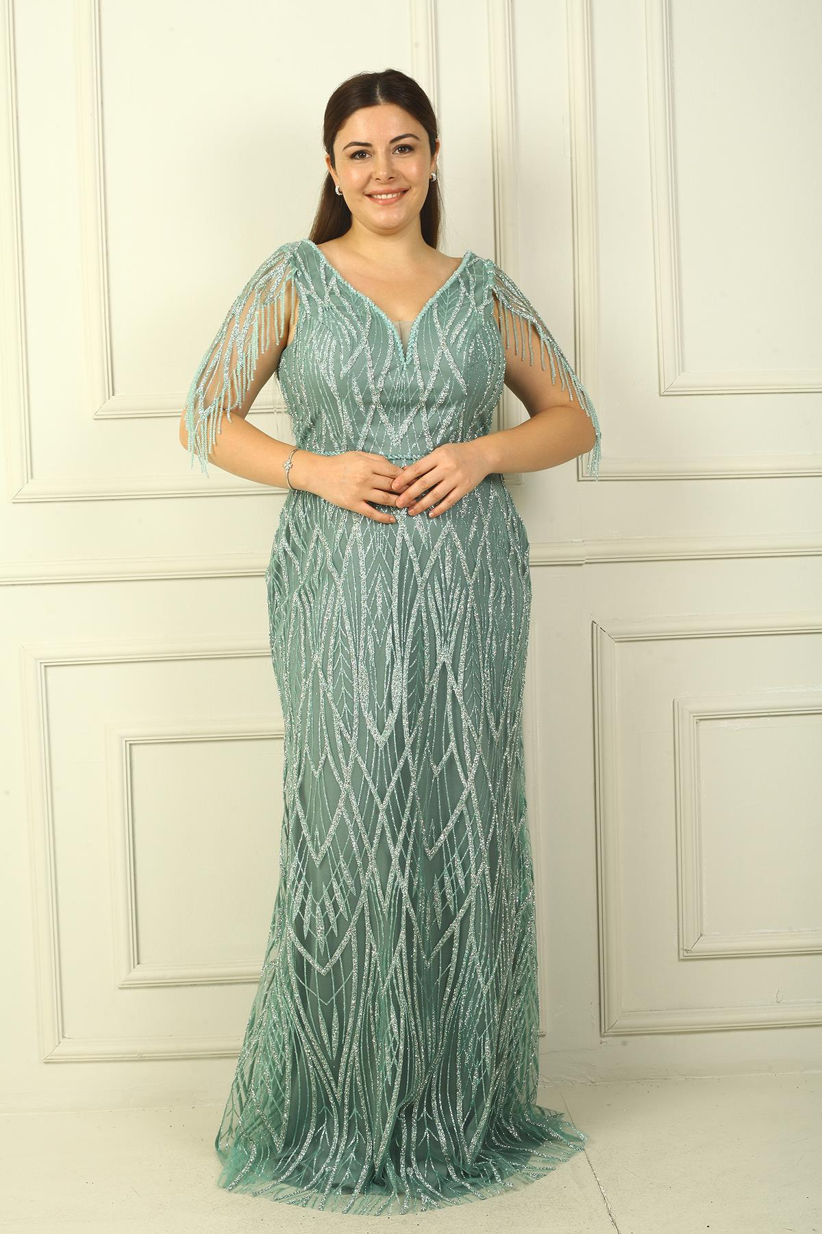 S-24Y4240010Kadın Ön Arka V Yaka Astarlı Taş Ve Boncuklu Büyük Beden Elbise