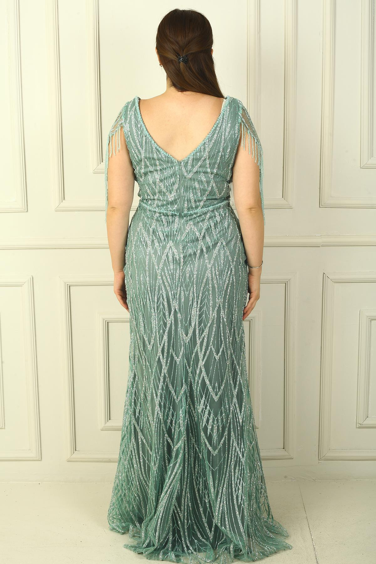 S-24Y4240010Kadın Ön Arka V Yaka Astarlı Taş Ve Boncuklu Büyük Beden Elbise