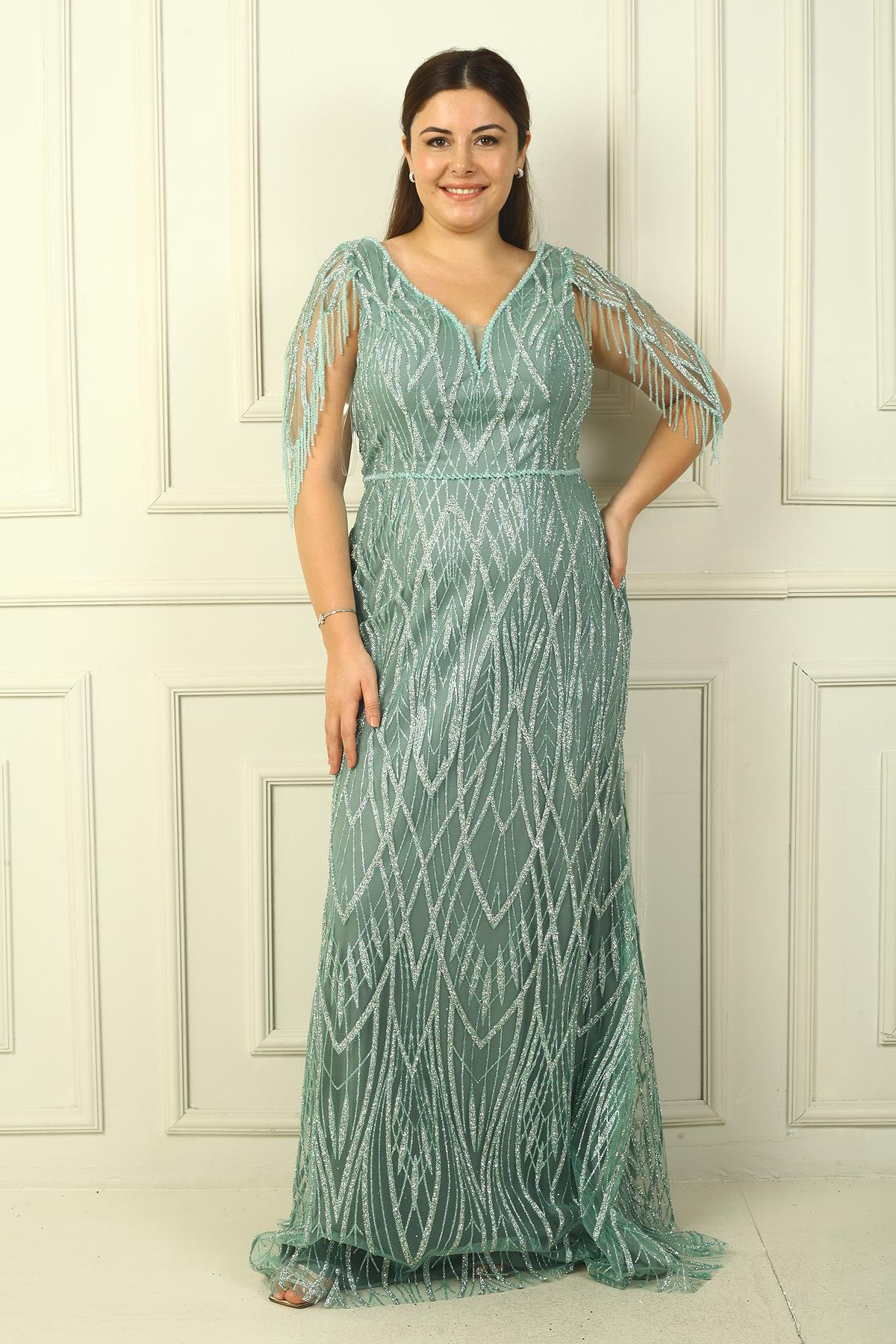 S-24Y4240010Kadın Ön Arka V Yaka Astarlı Taş Ve Boncuklu Büyük Beden Elbise