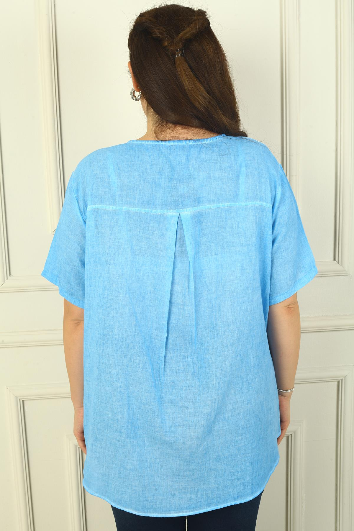 S-24Y4270006Daire Desenli Metal Düğmeli Yıkamalı Kısa Kol Büyük Beden Gömlek