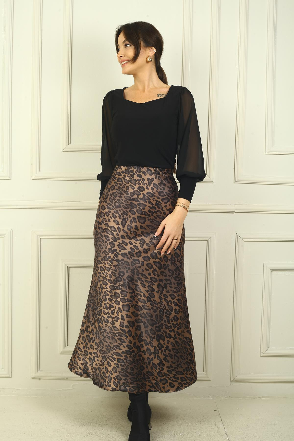 S-24Y4280010Kadın Beli Lastikli Leopar Desen Saten Uzun Etek