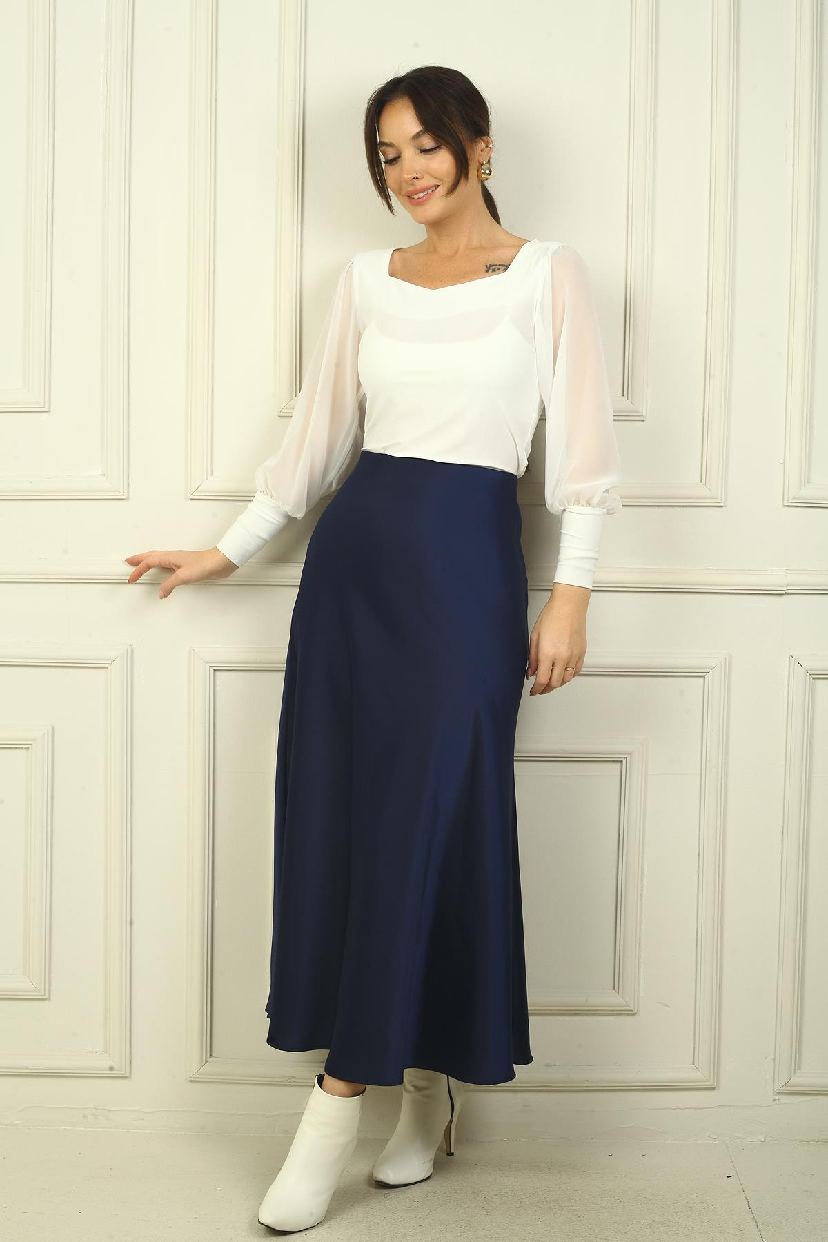 S-24Y4280011Kadın Beli Lastikli Uzun Saten Etek