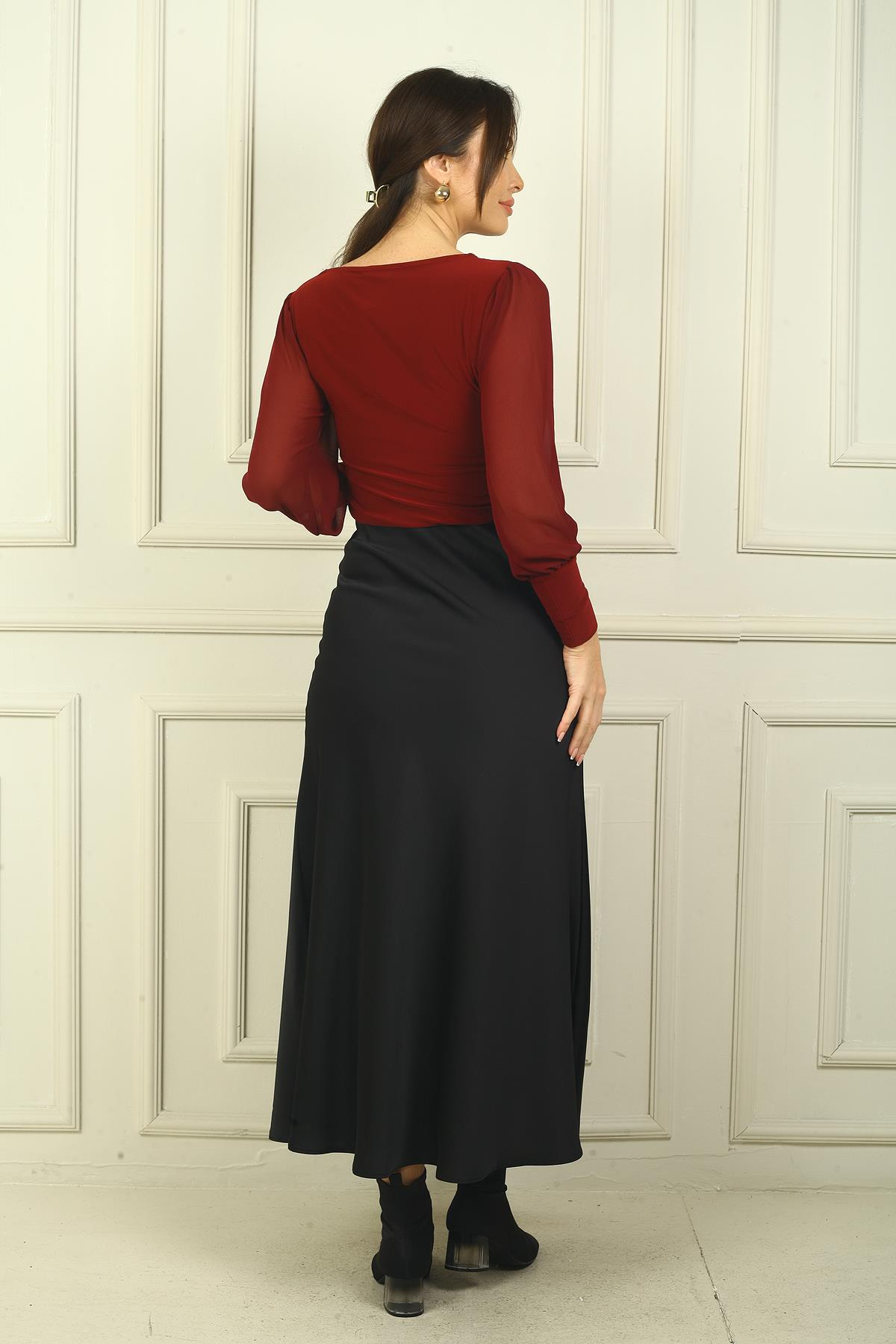 S-24Y4280011Kadın Beli Lastikli Uzun Saten Etek