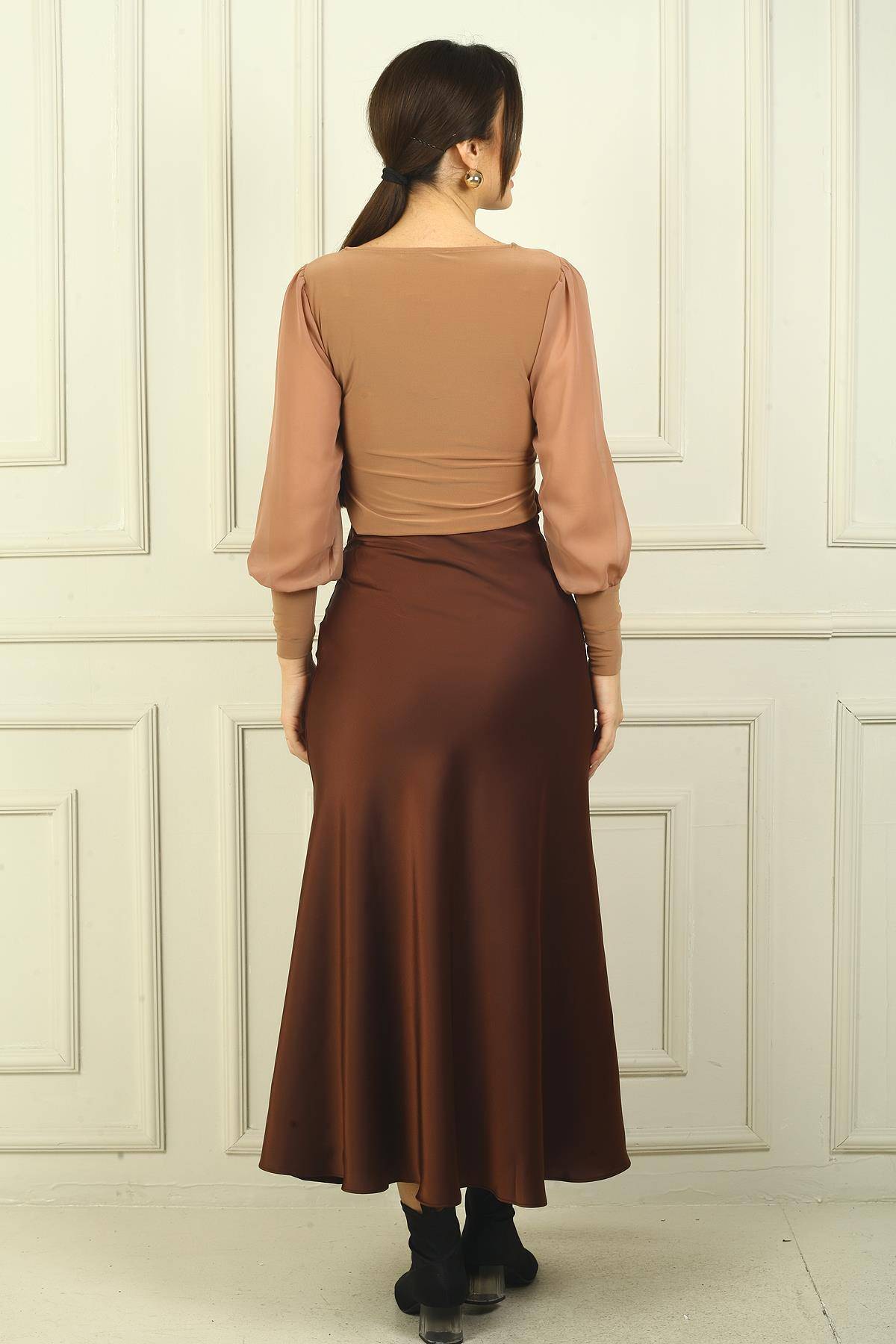 S-24Y4280011Kadın Beli Lastikli Uzun Saten Etek