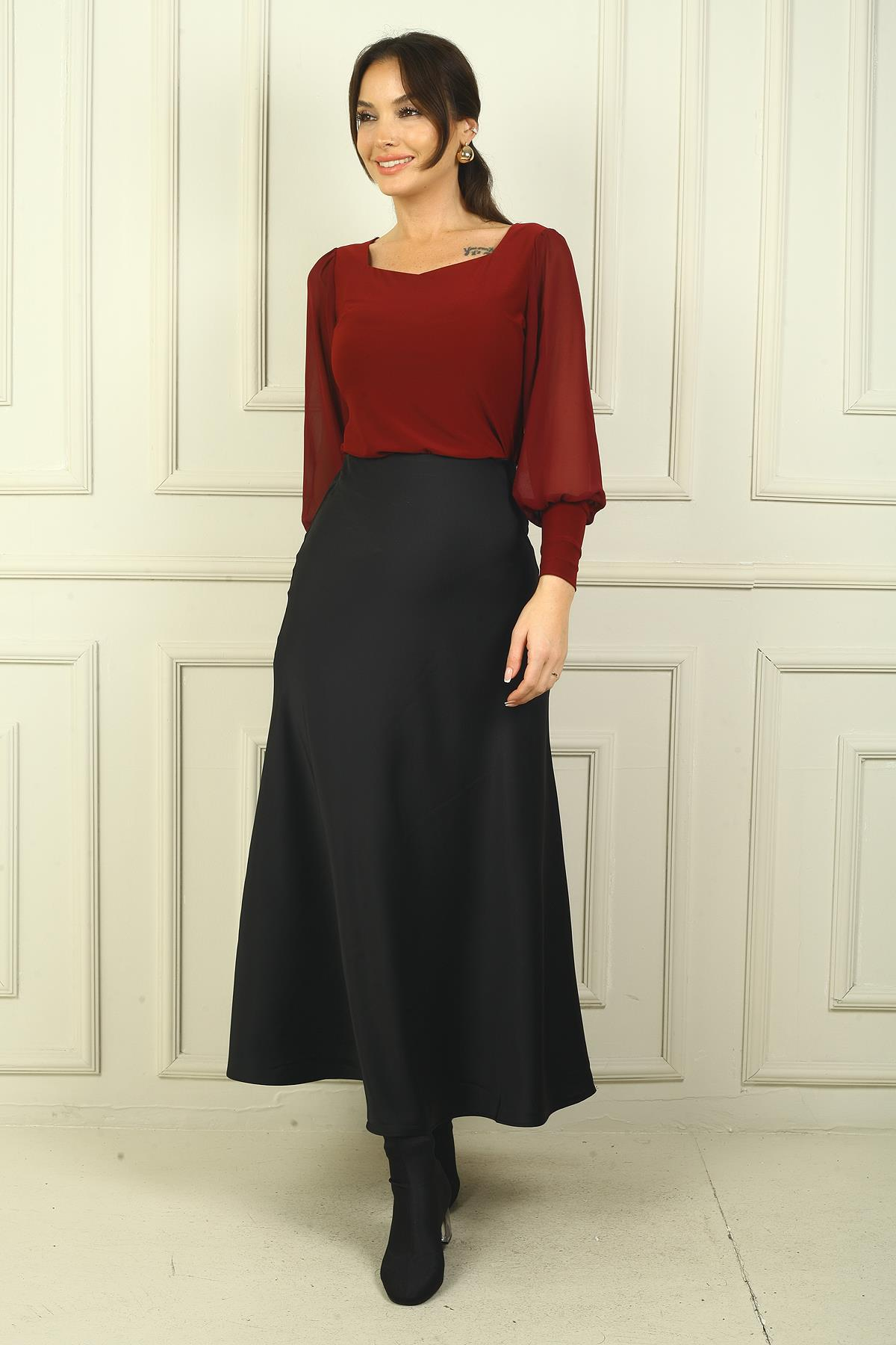 S-24Y4280011Kadın Beli Lastikli Uzun Saten Etek