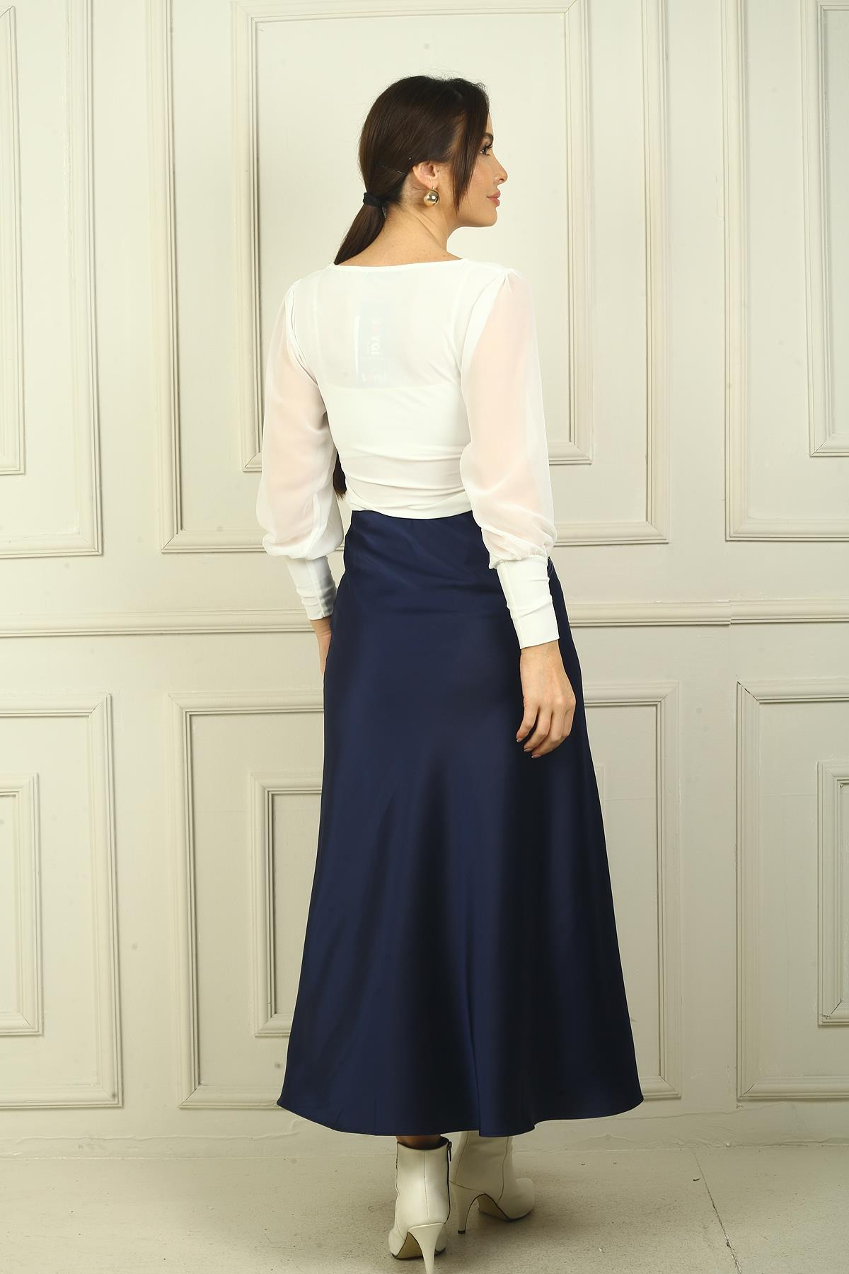 S-24Y4280011Kadın Beli Lastikli Uzun Saten Etek