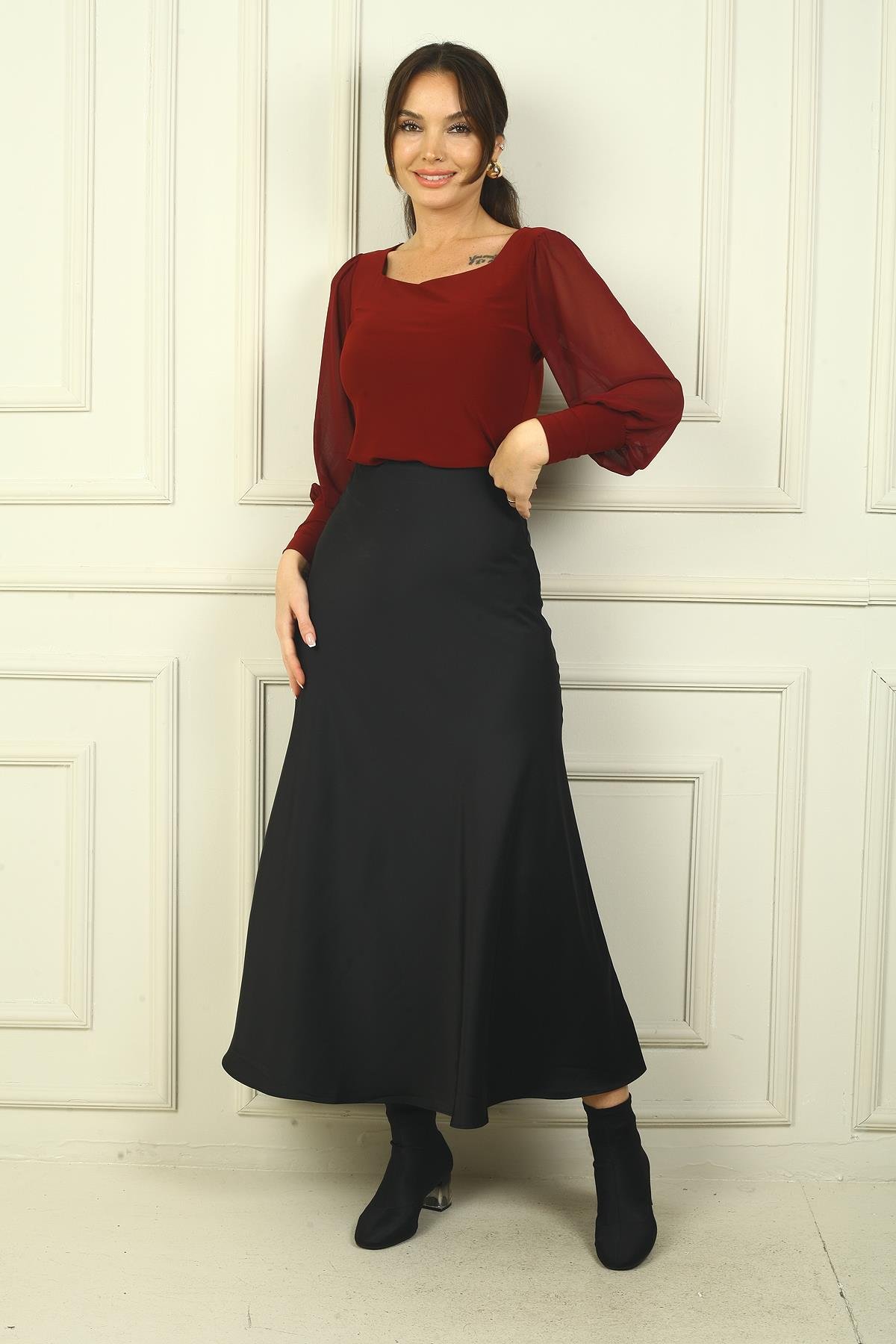 S-24Y4280011Kadın Beli Lastikli Uzun Saten Etek